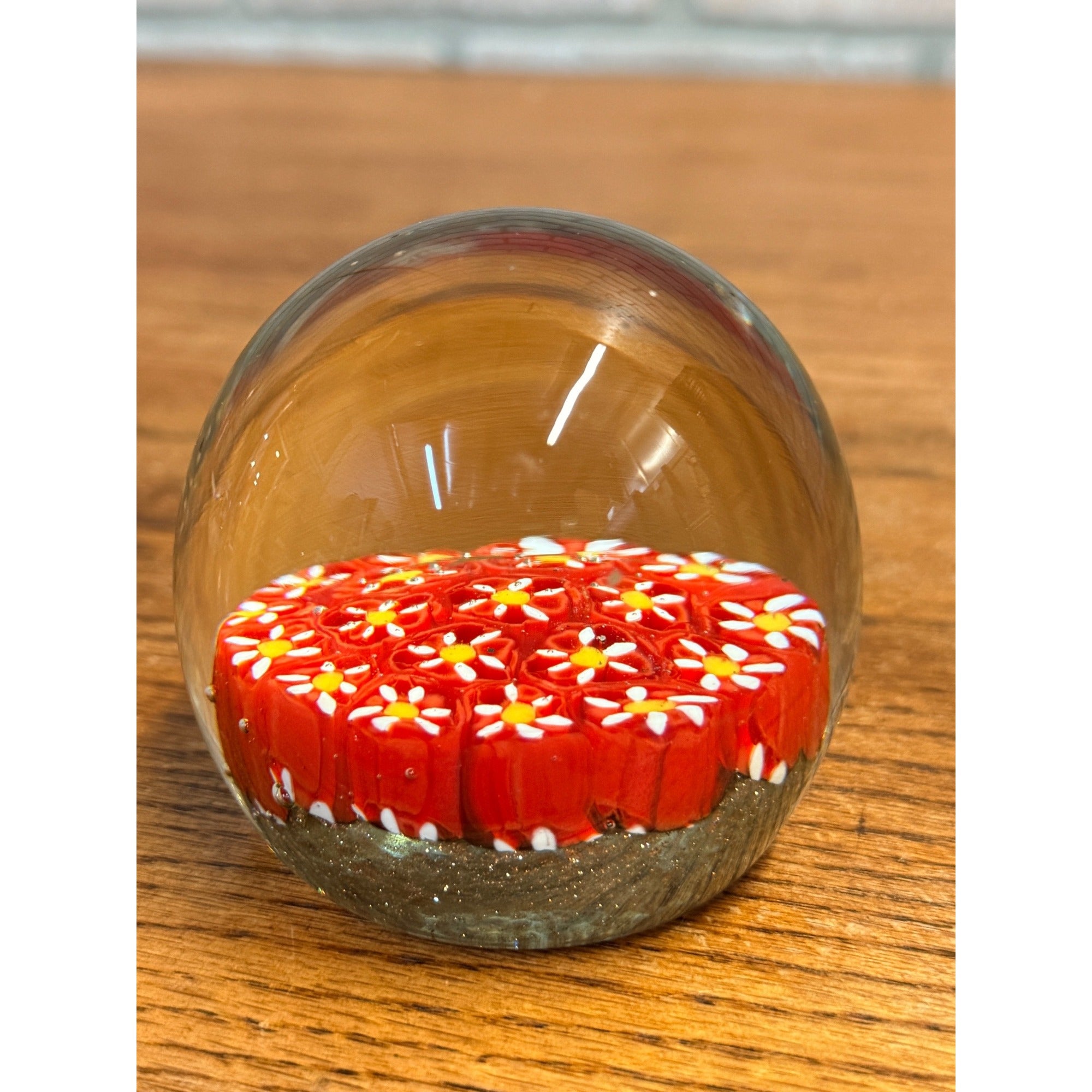 Vintage Murano Millefiori Glass Paperweight Red Flowers