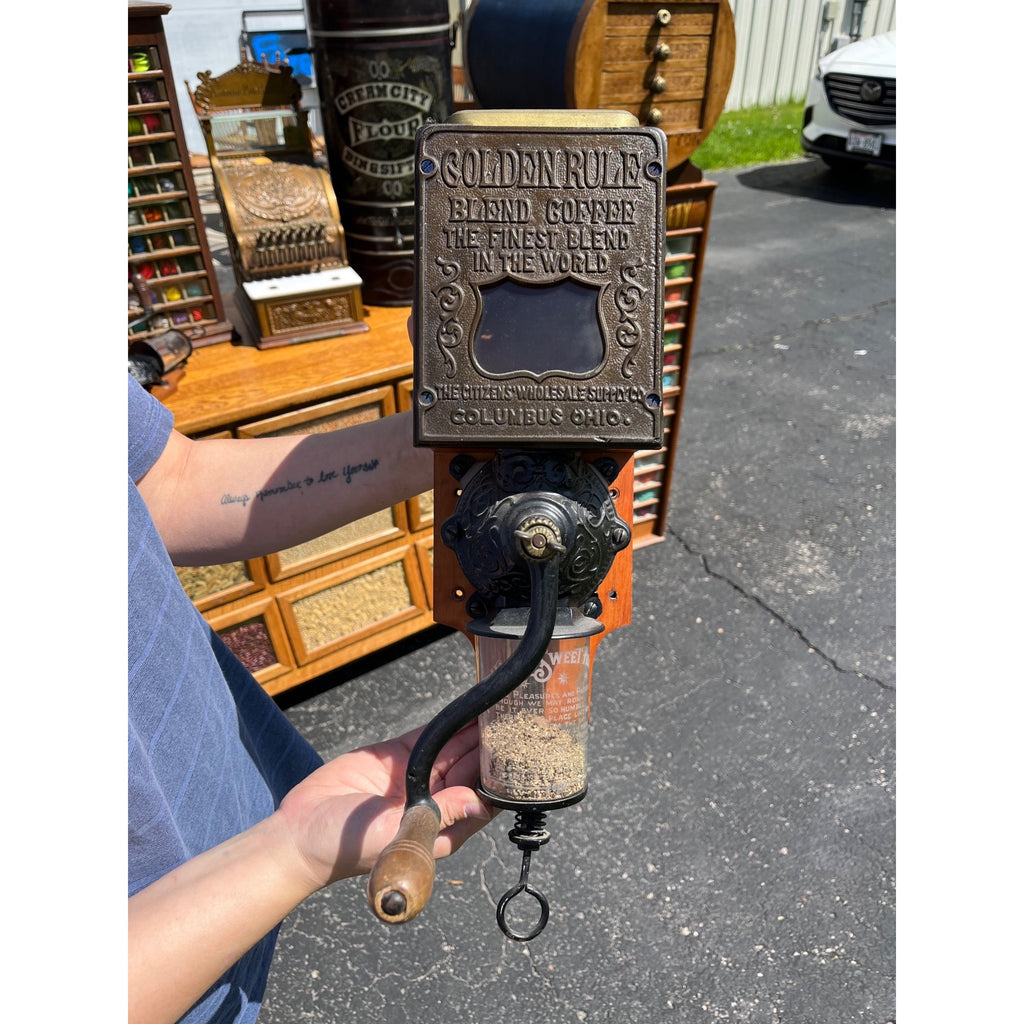 Antique 1900s Original Golden Rule Coffee Advertising Hand Crank Wall Grinder