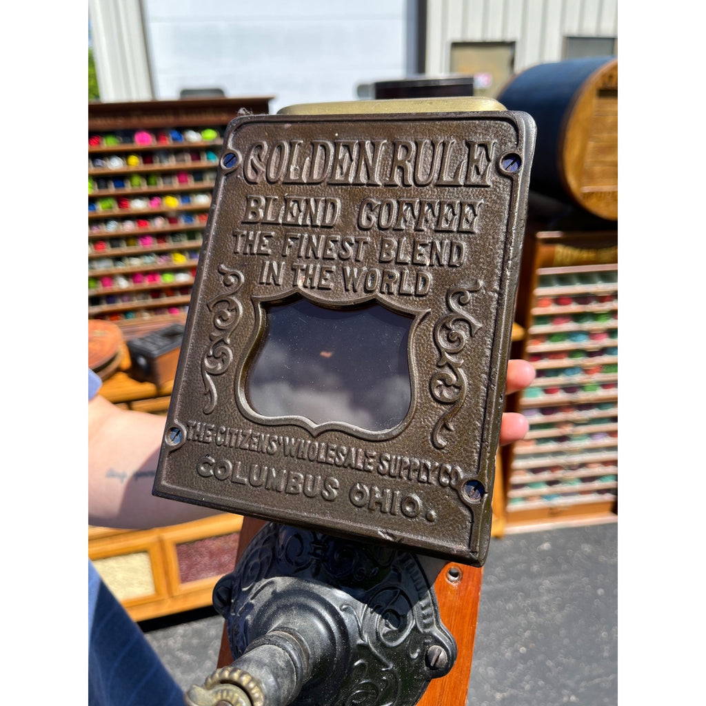 Antique 1900s Original Golden Rule Coffee Advertising Hand Crank Wall Grinder