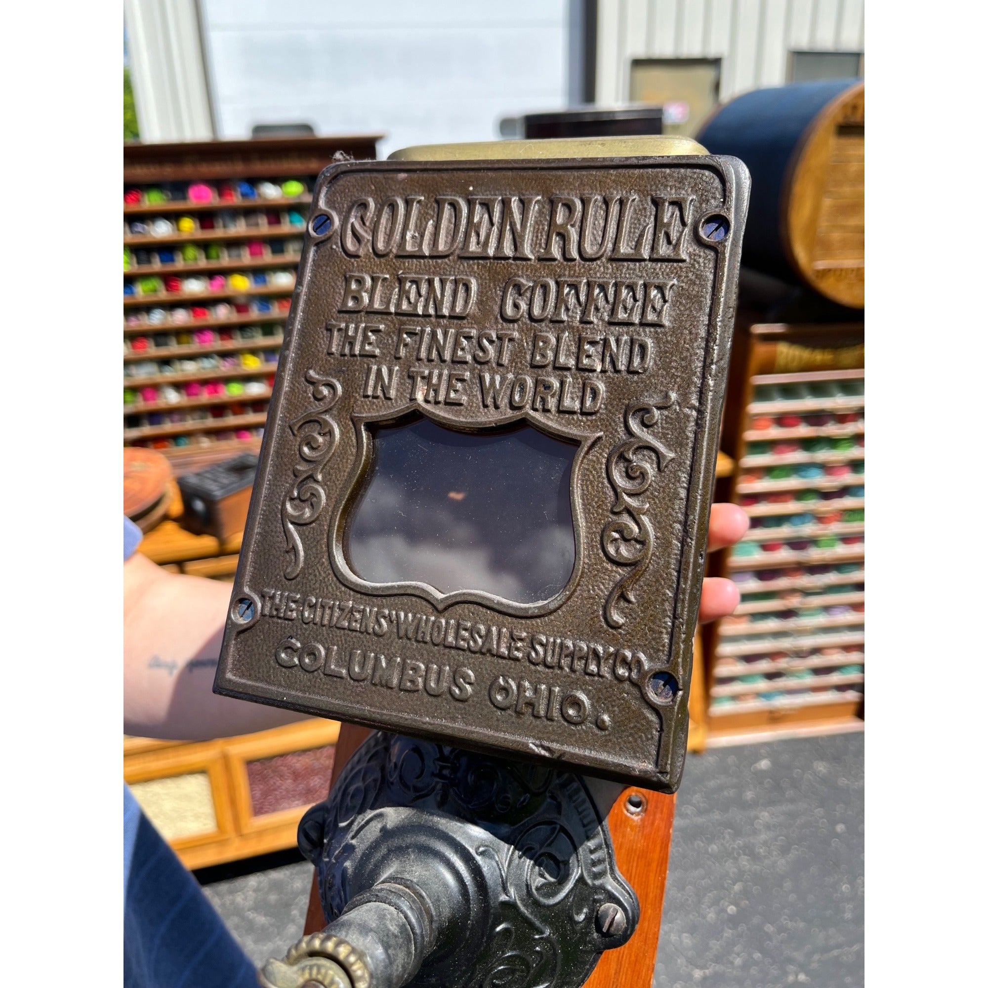 Antique 1900s Original Golden Rule Coffee Advertising Hand Crank Wall Grinder