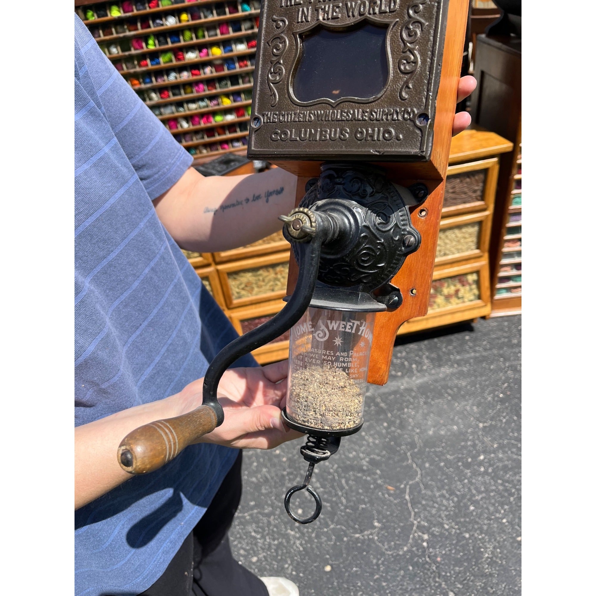 Antique 1900s Original Golden Rule Coffee Advertising Hand Crank Wall Grinder