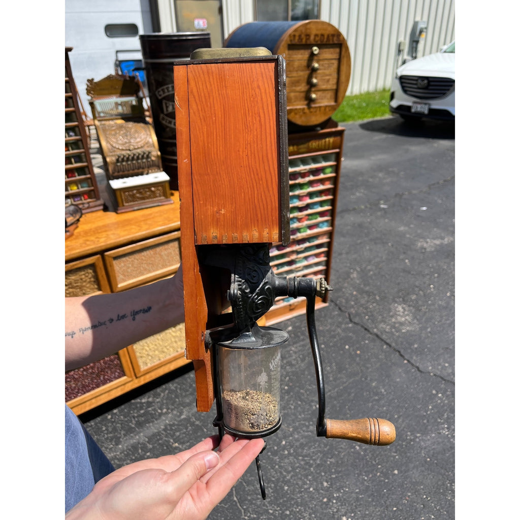 Antique 1900s Original Golden Rule Coffee Advertising Hand Crank Wall Grinder