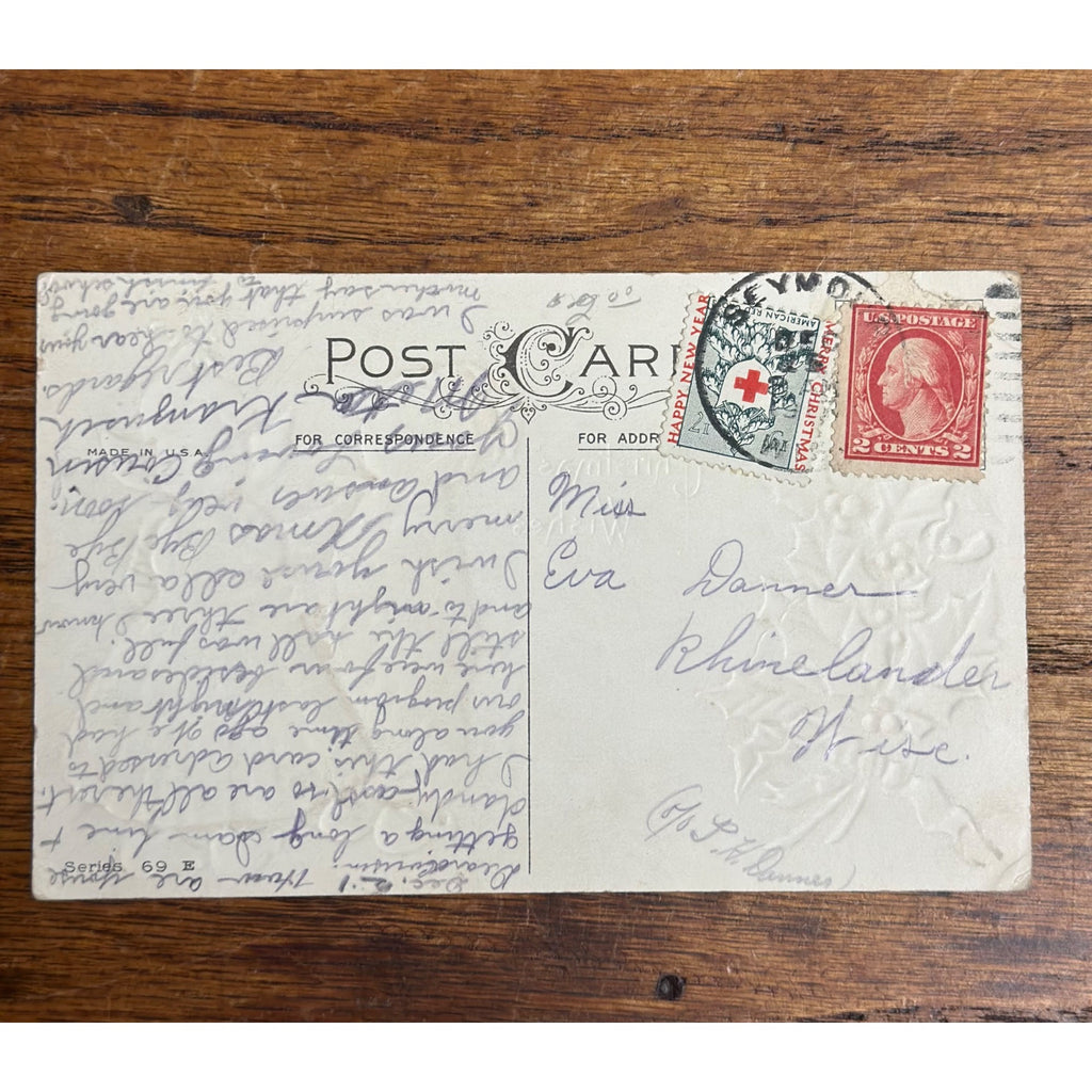 Vintage 1917 Christmas Postcard w/ Christmas Seal Tied American Red Cross