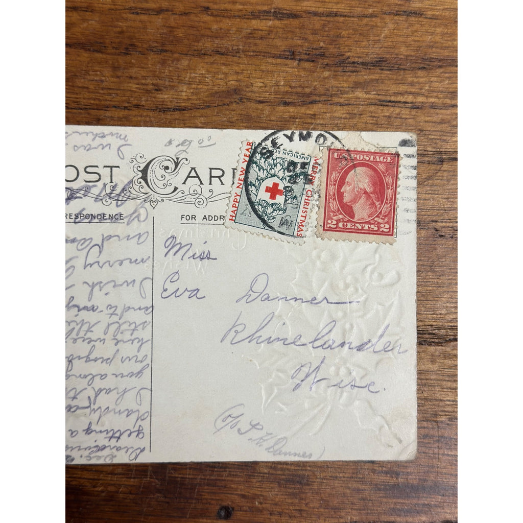 Vintage 1917 Christmas Postcard w/ Christmas Seal Tied American Red Cross