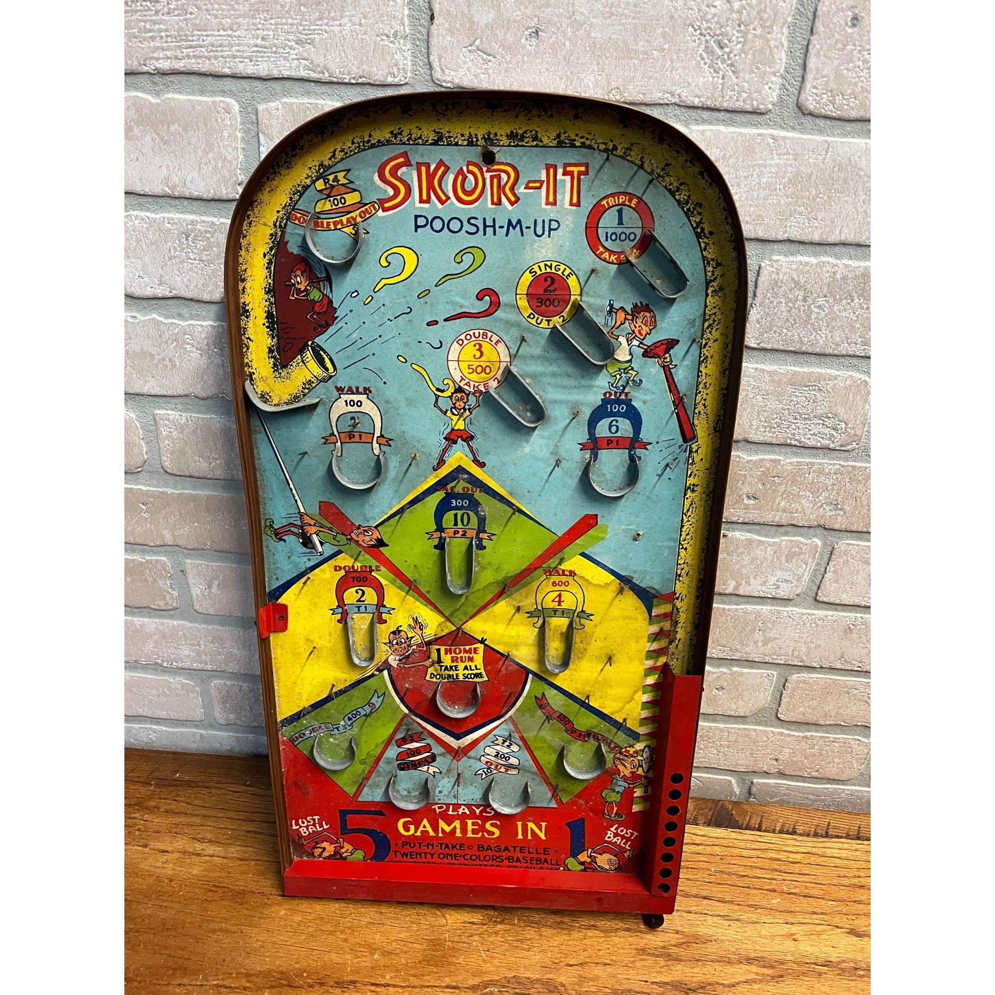 Vintage 1930s Skor-It Poosh-M-Up Marble Pinball Table Top Game