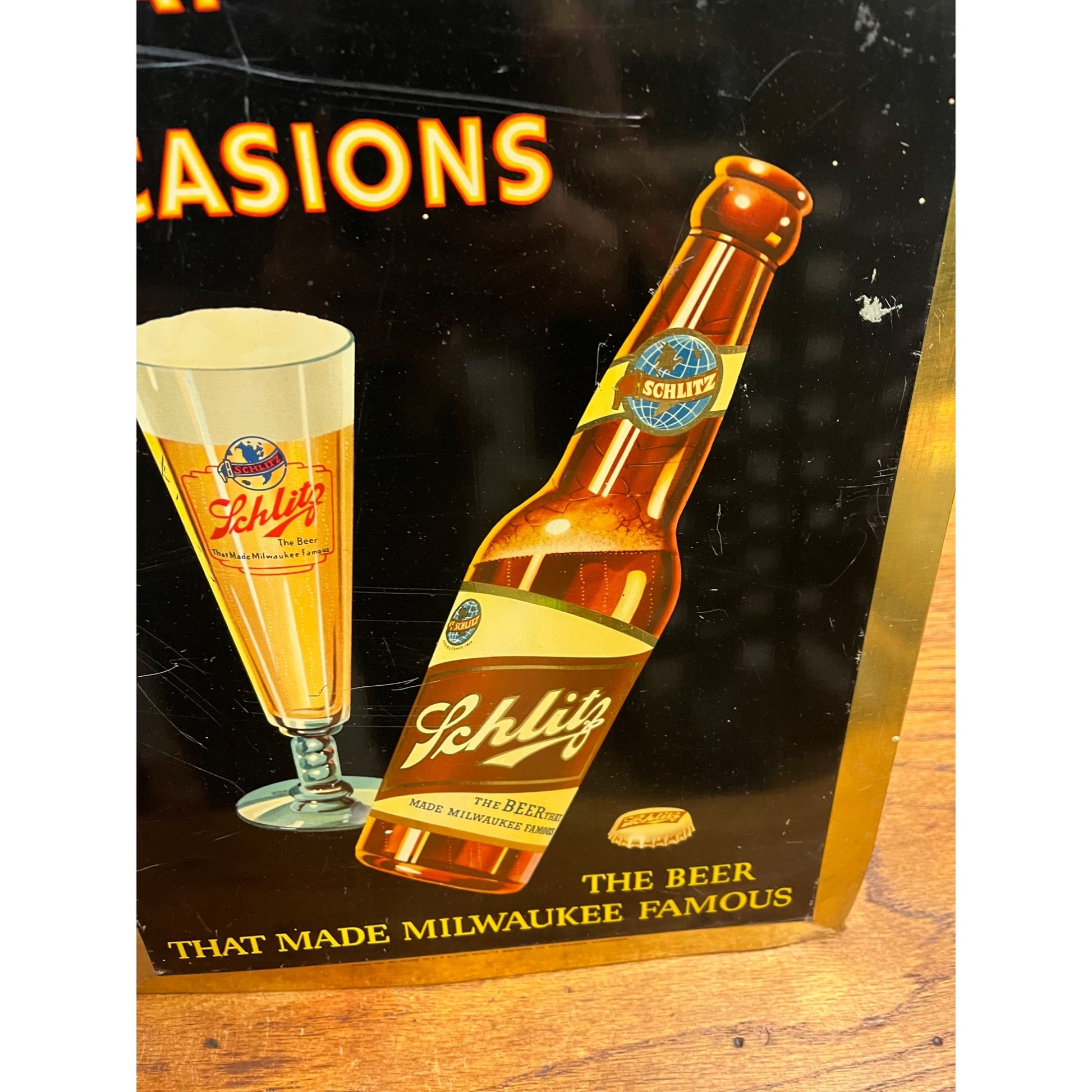Vintage 1940s Schlitz Milwaukee Beer Tin-Over-Cardboard Advertising Bar Sign TOC