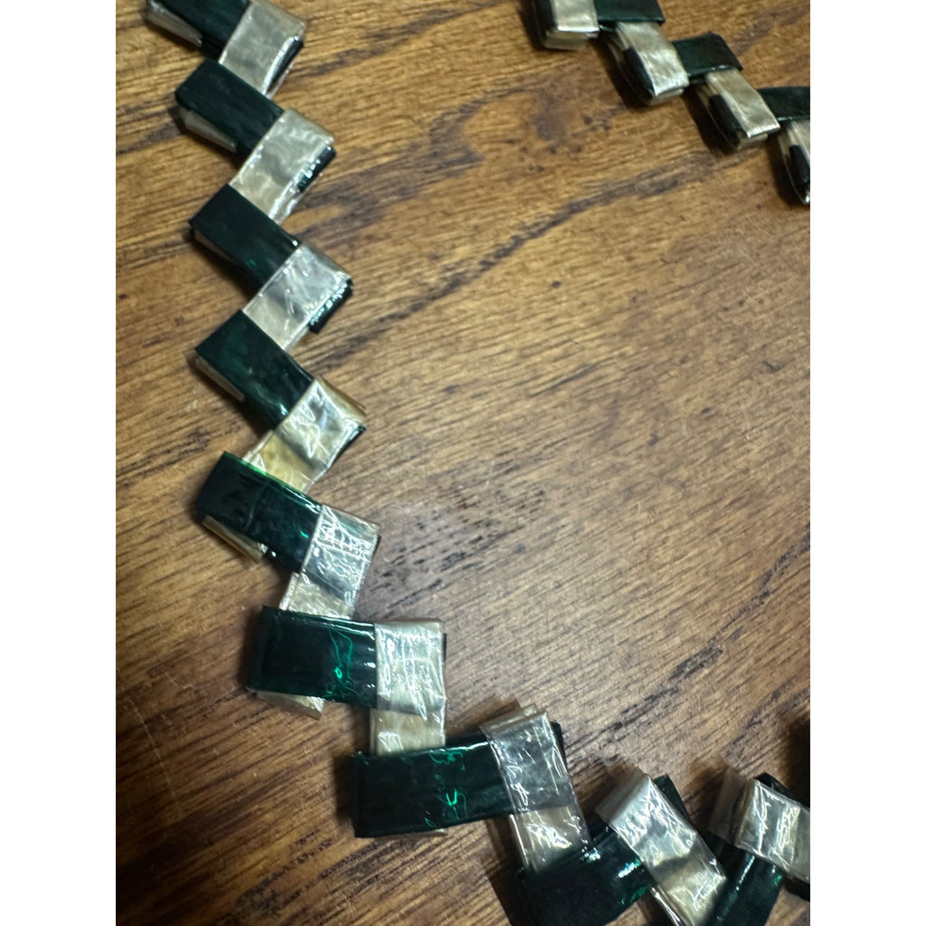 Vintage c1930s Folk Art Wax Gum / Candy Wrapper Handmade Green & White Necklace