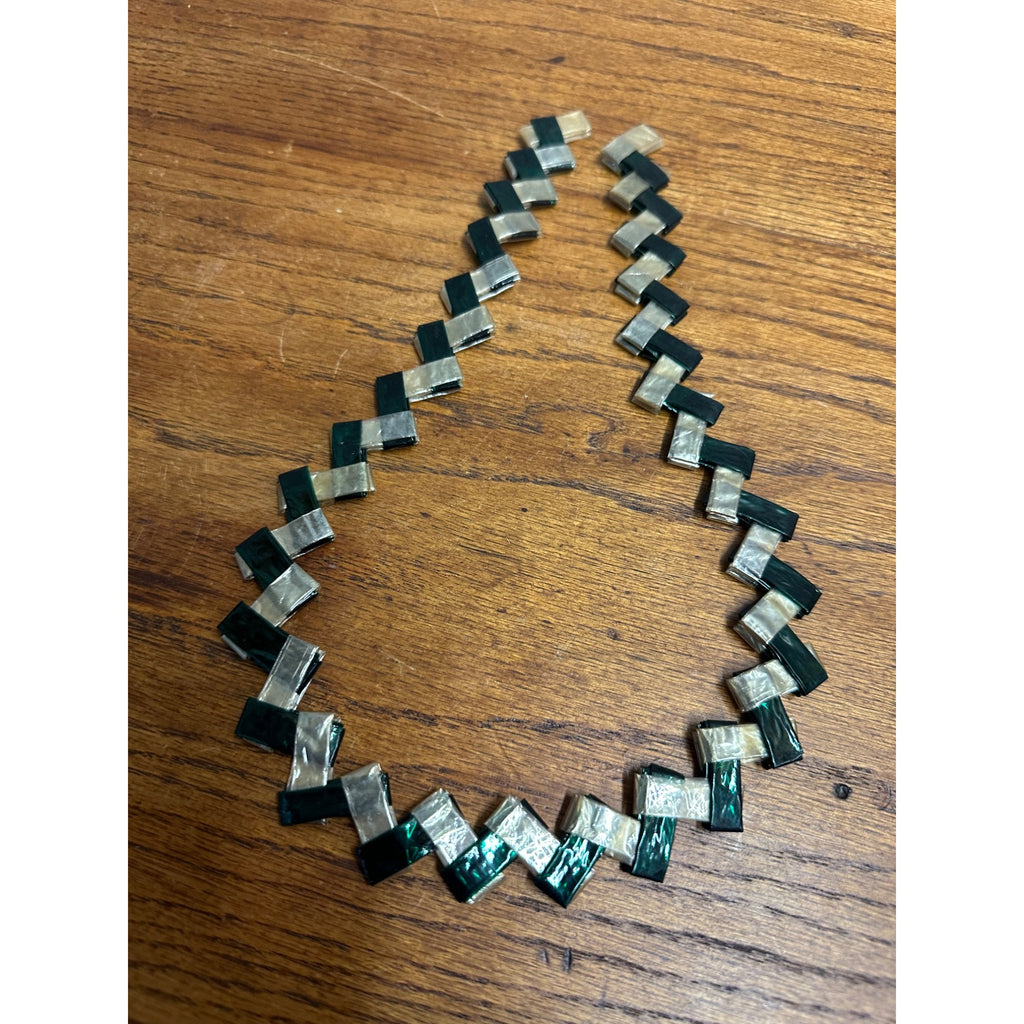 Vintage c1930s Folk Art Wax Gum / Candy Wrapper Handmade Green & White Necklace