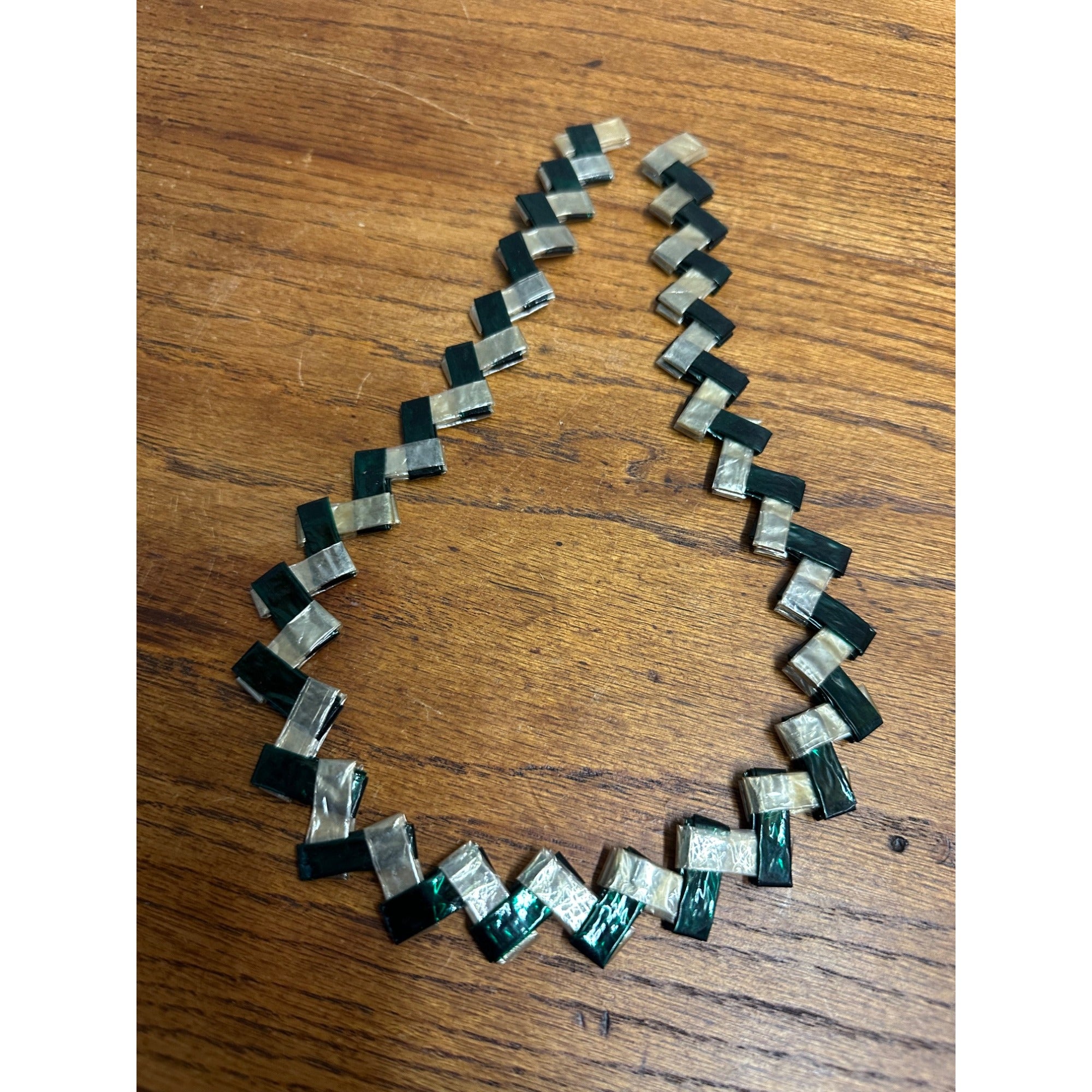 Vintage c1930s Folk Art Wax Gum / Candy Wrapper Handmade Green & White Necklace