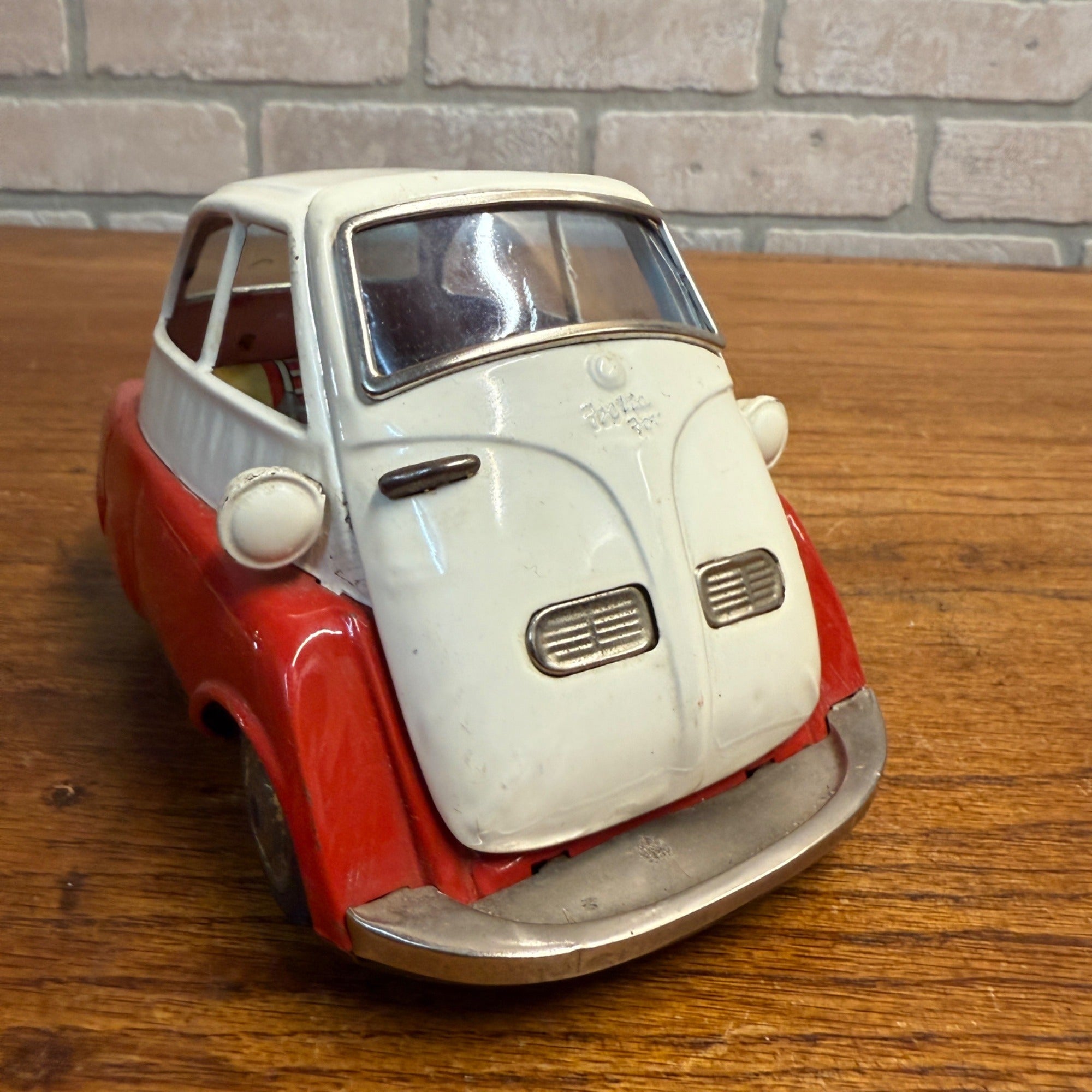 Vintage Bandai BMW Isetta Tin Friction Car Red & White Missing Mirror