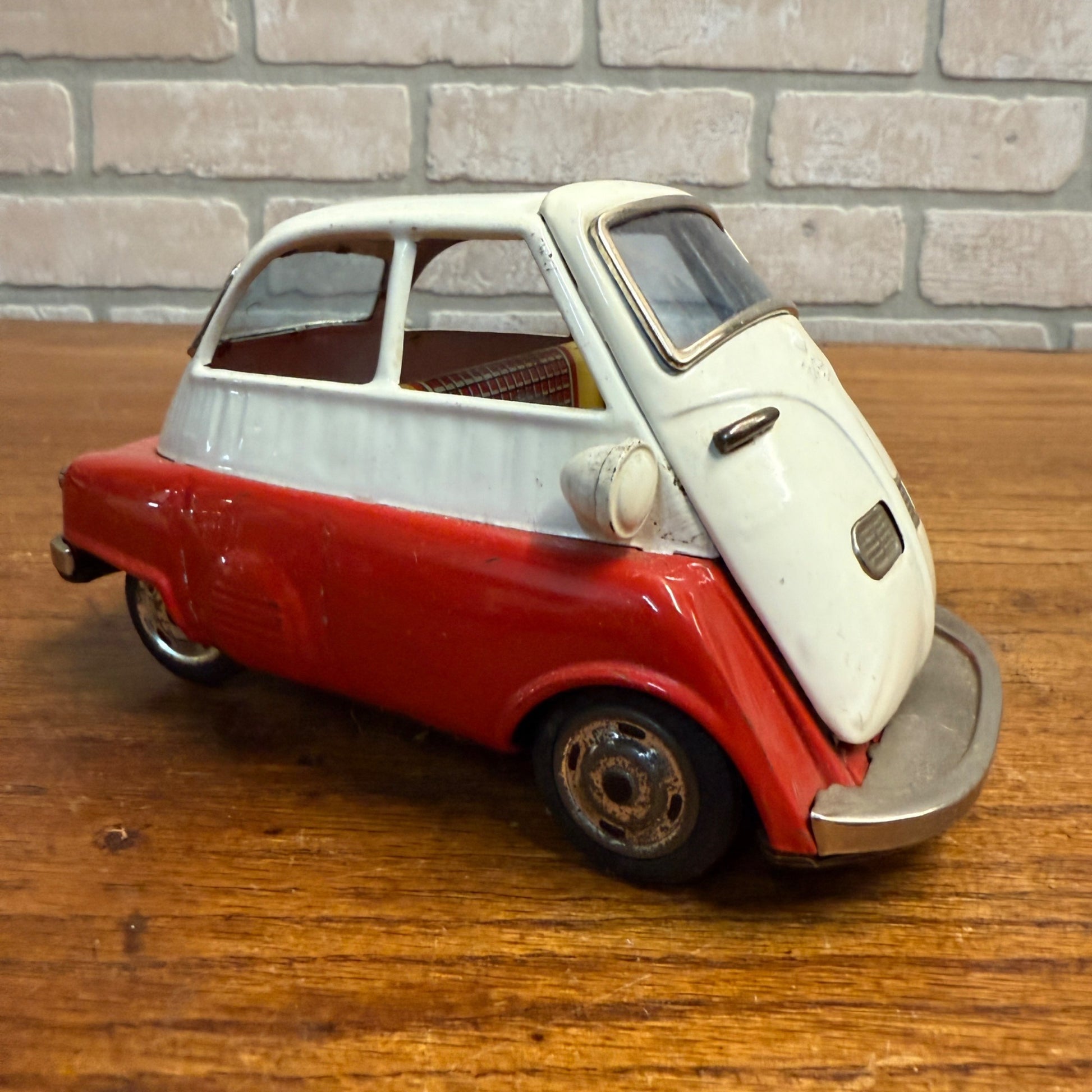 Vintage Bandai BMW Isetta Tin Friction Car Red & White Missing Mirror