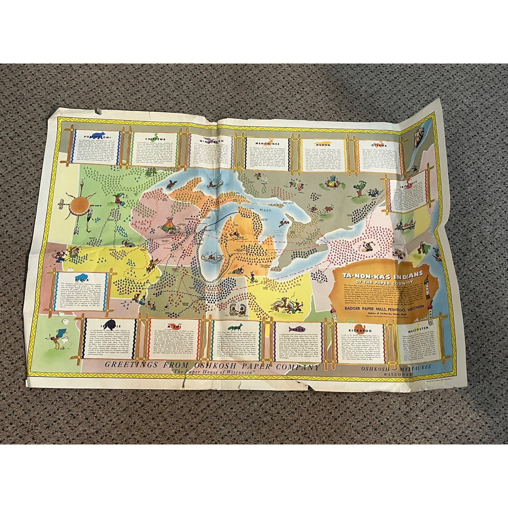 Original Vintage Map Great Lakes Native American Indian Tribes Ta-Non-Ka's Poster
