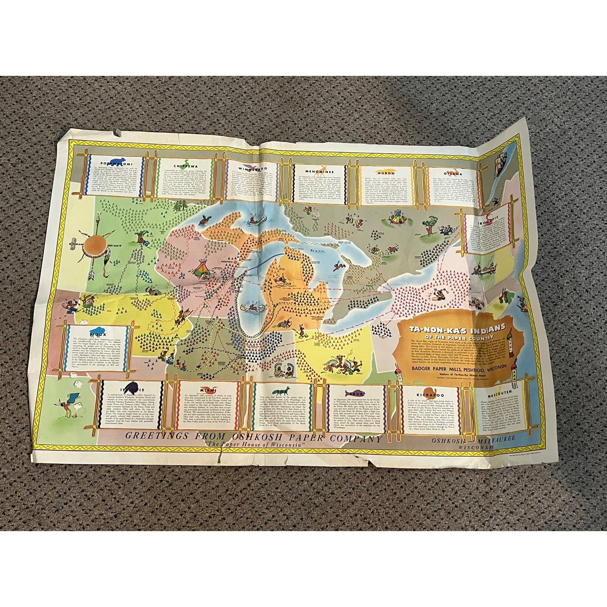 Original Vintage Map Great Lakes Native American Indian Tribes Ta-Non-Ka's Poster