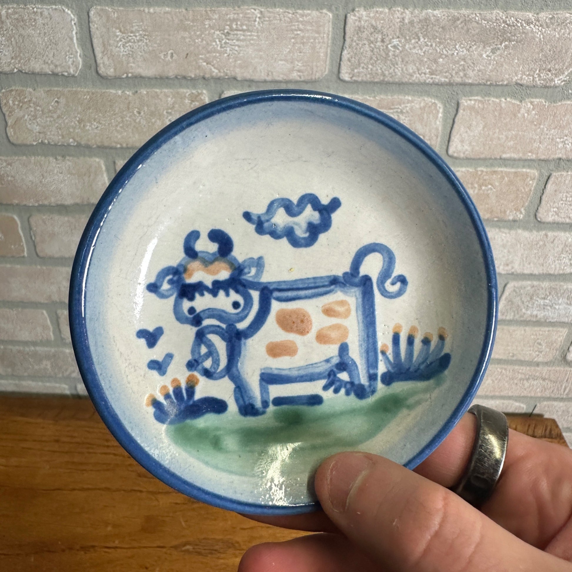 Vintage M.A. Hadley Art Pottery Butter Pat Dish 4-1/4" Stoneware Cow