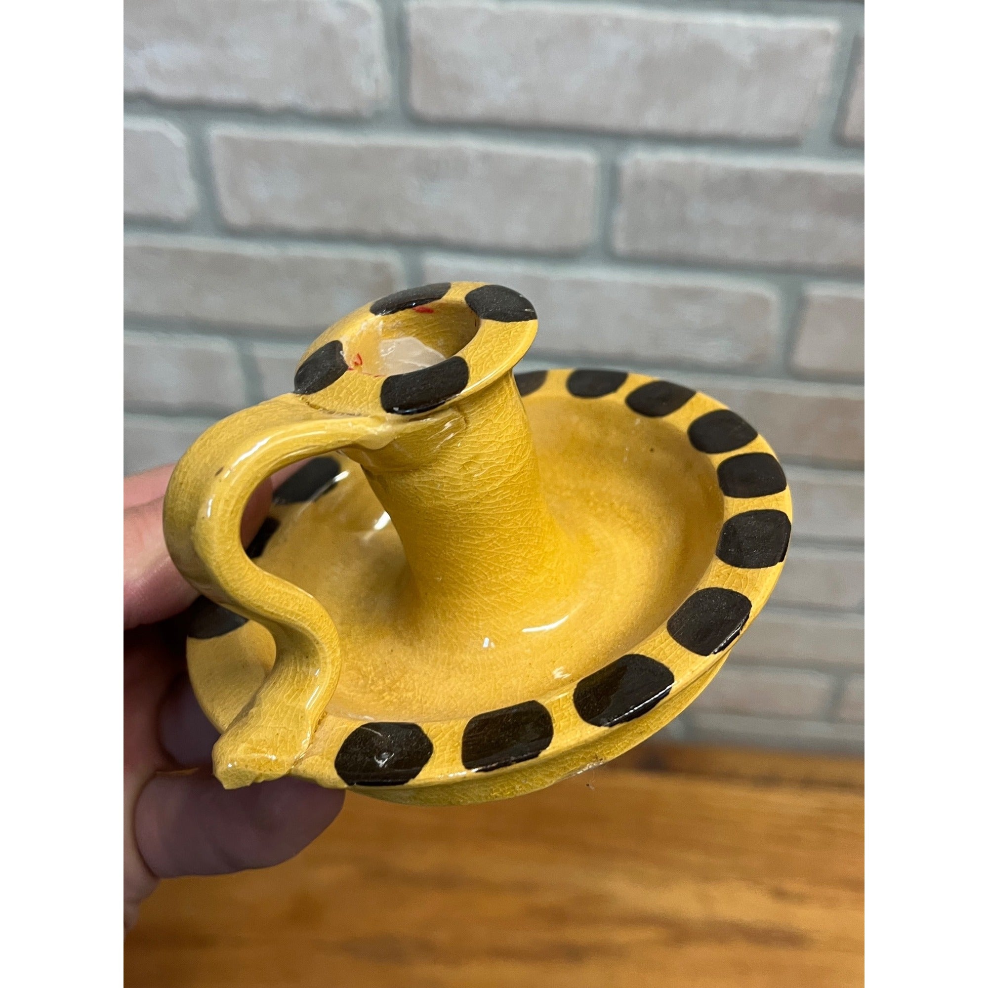 Vintage Williamsburg Restoration Pottery Candle Holder Finger Loop Polka Dot