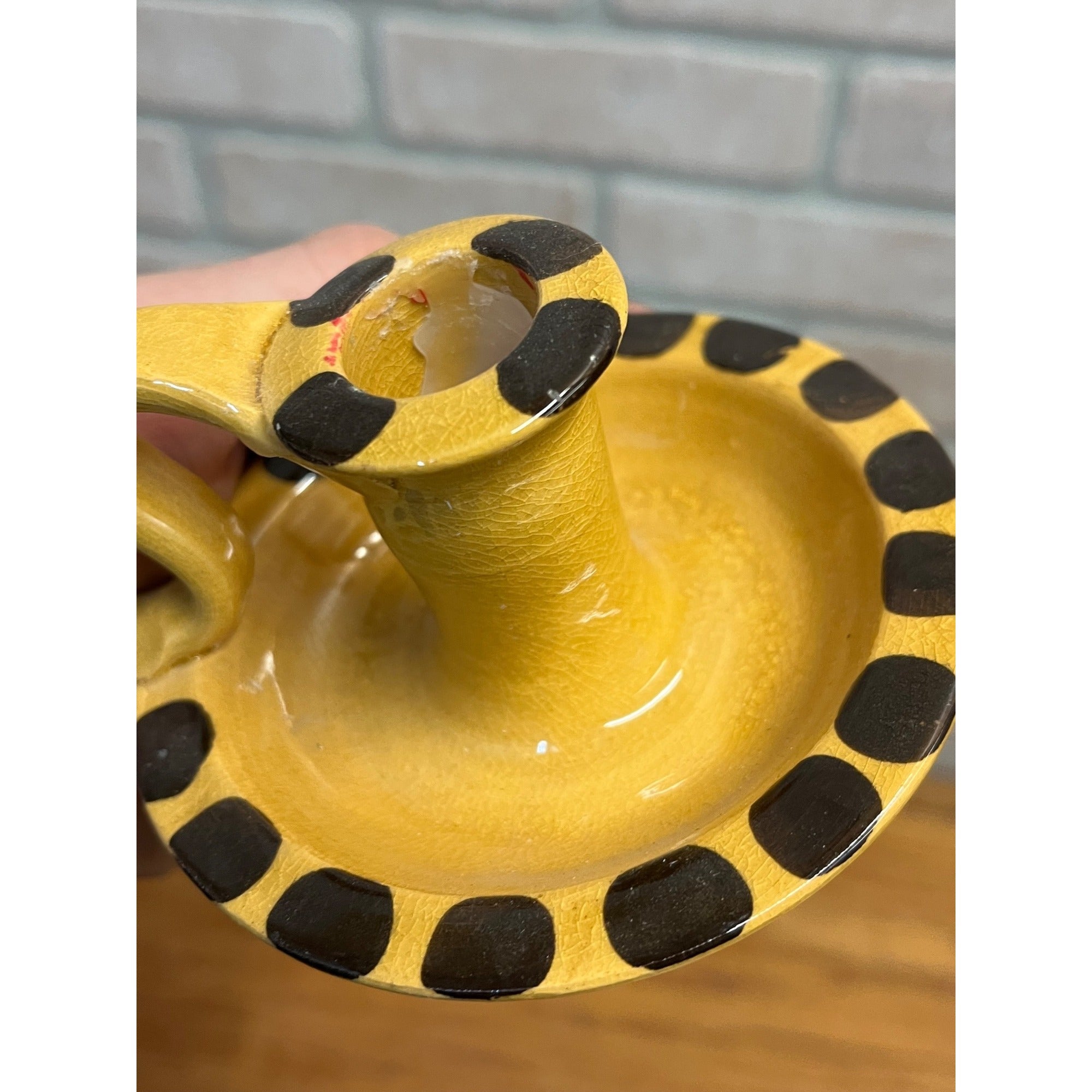 Vintage Williamsburg Restoration Pottery Candle Holder Finger Loop Polka Dot