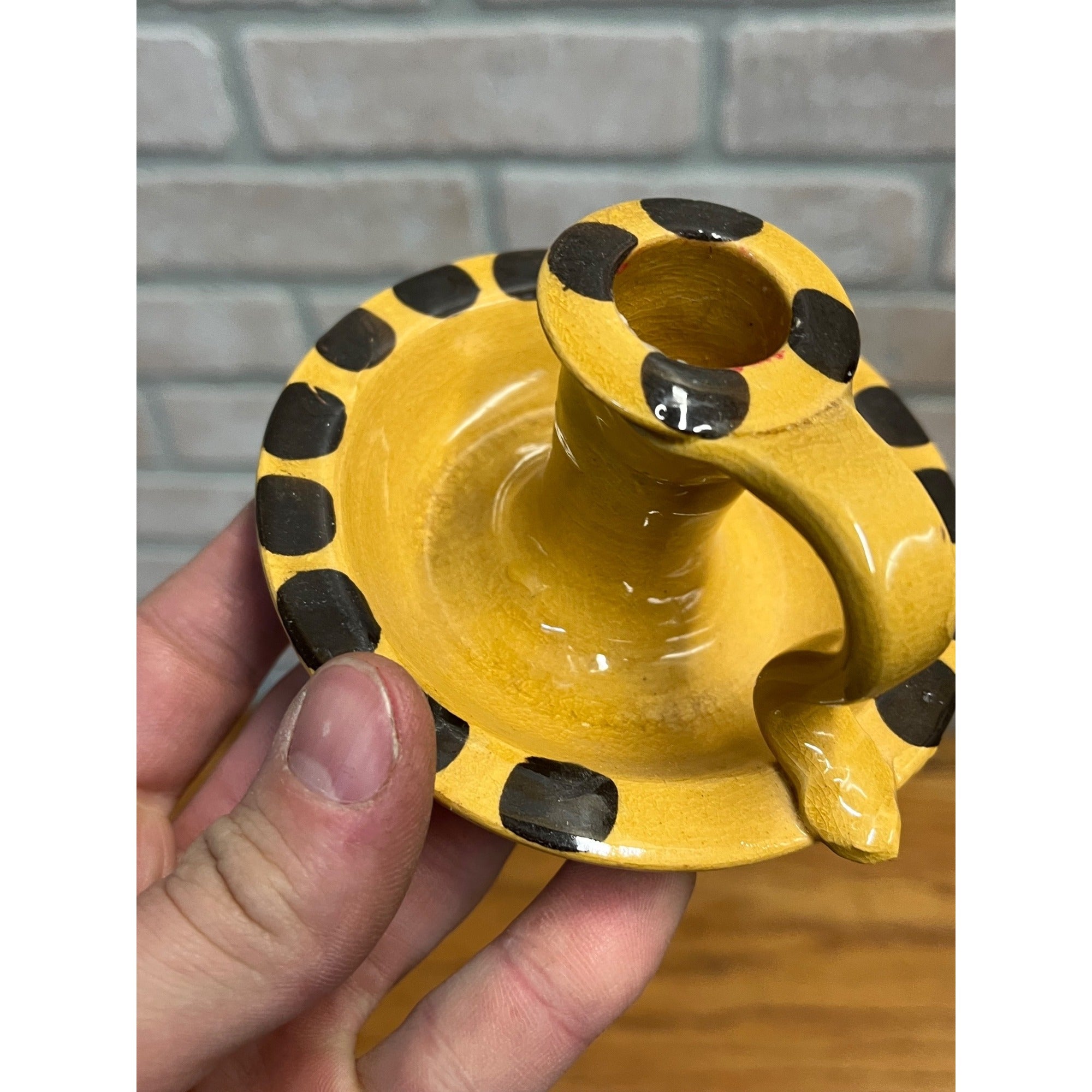 Vintage Williamsburg Restoration Pottery Candle Holder Finger Loop Polka Dot