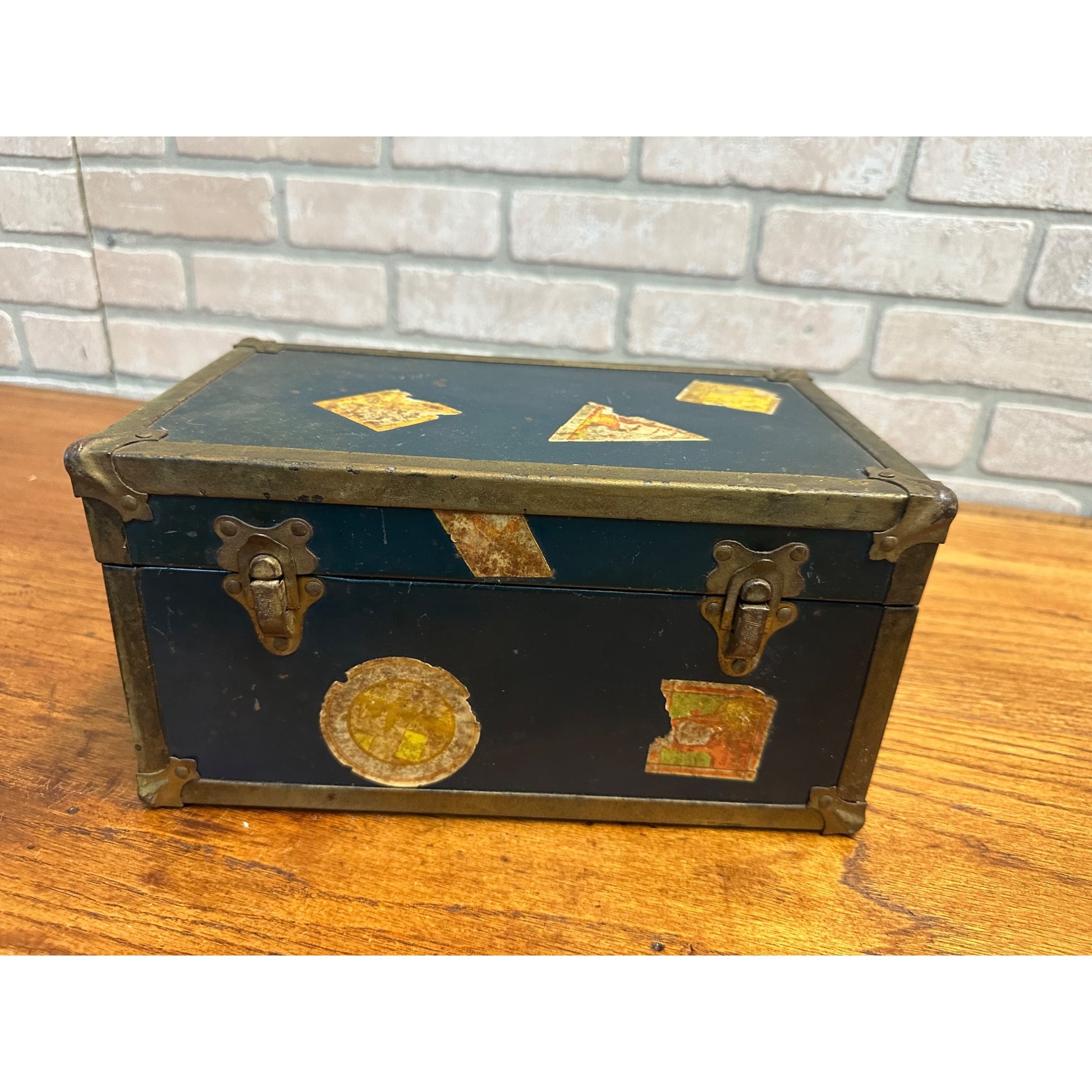 Vintage 1930's Blue Metal Childs Toy Doll Steamer Travel Trunk w/Stickers