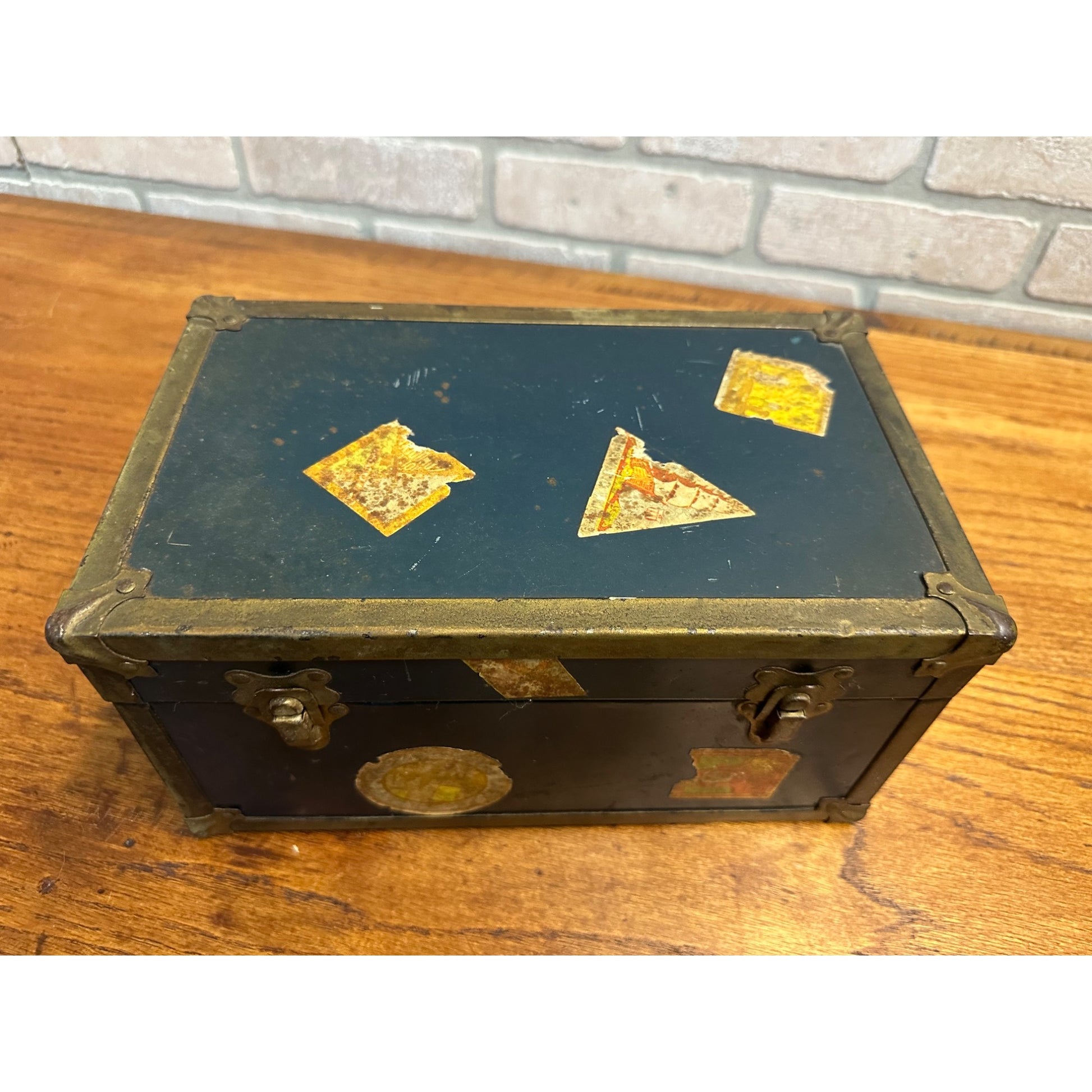 Vintage 1930's Blue Metal Childs Toy Doll Steamer Travel Trunk w/Stickers