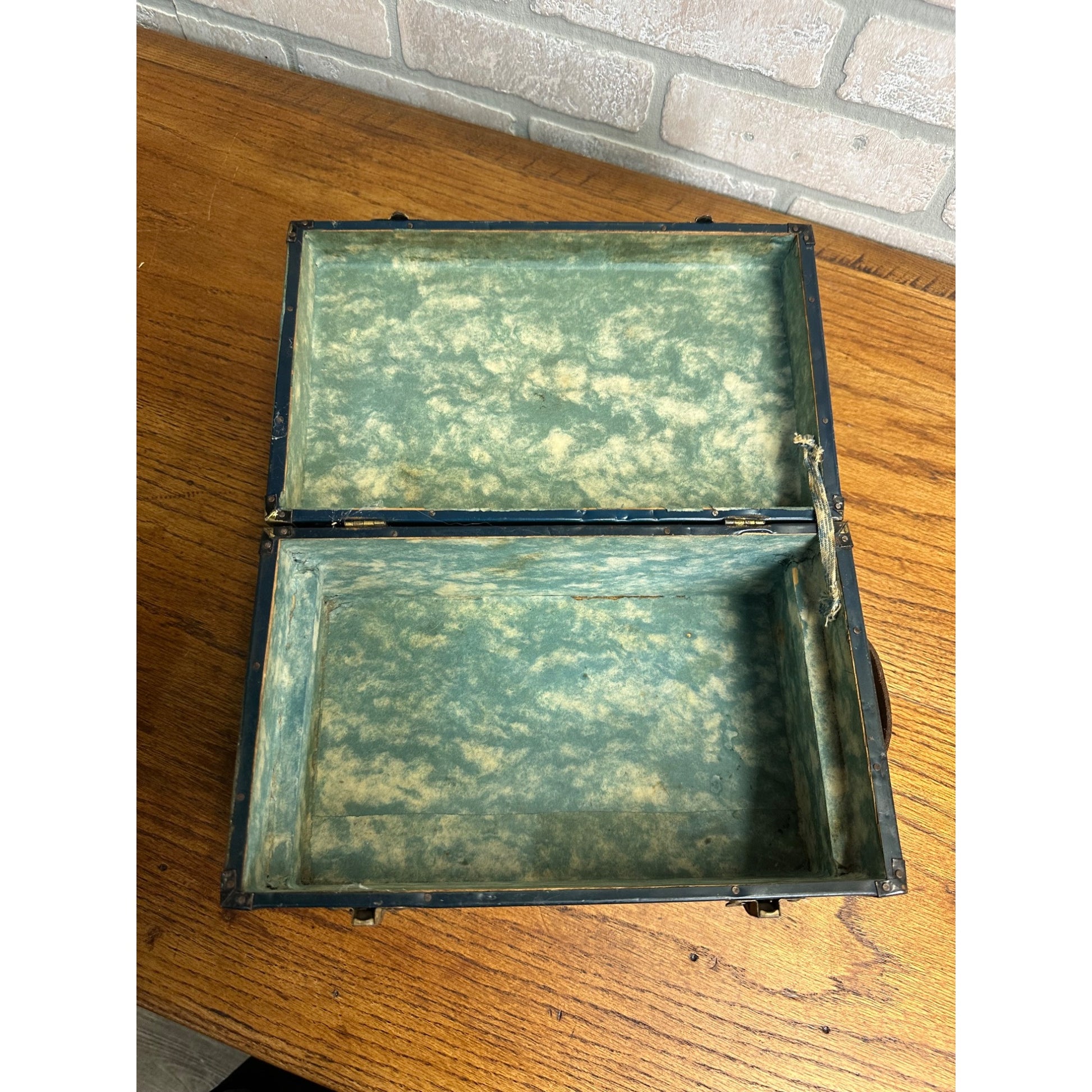 Vintage 1930's Blue Metal Childs Toy Doll Steamer Travel Trunk w/Stickers