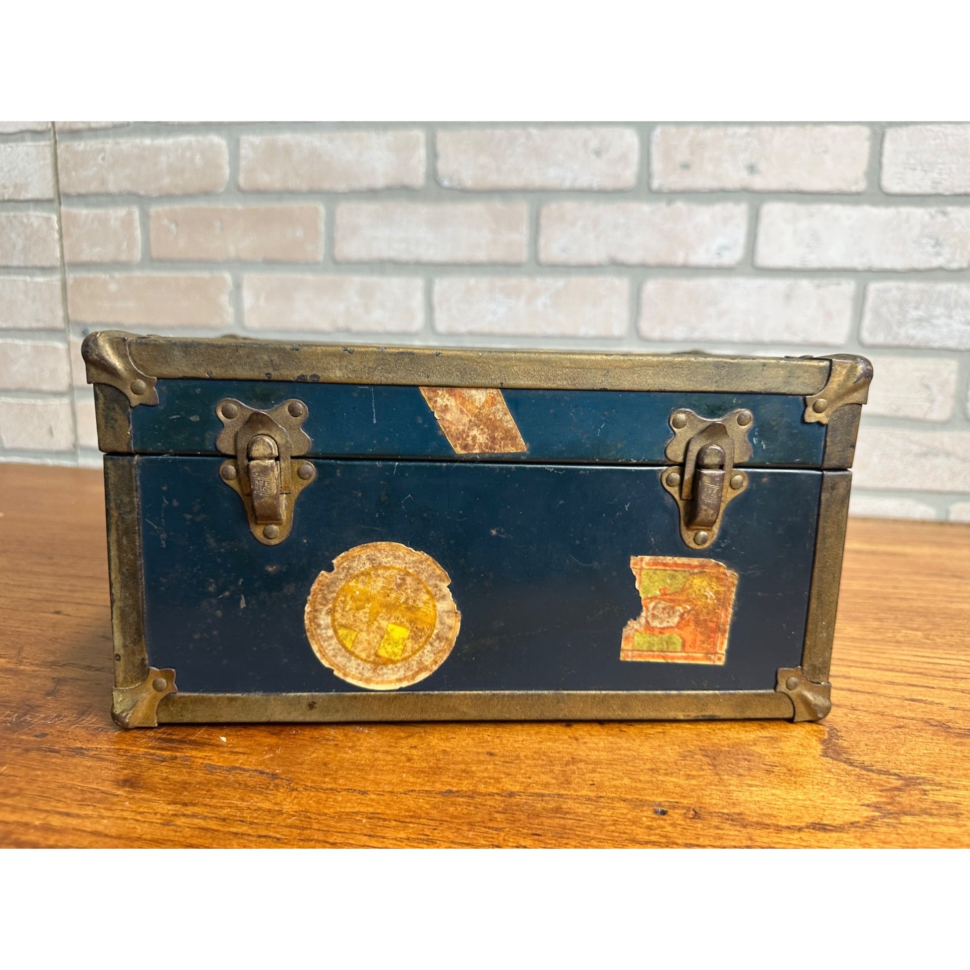 Vintage 1930's Blue Metal Childs Toy Doll Steamer Travel Trunk w/Stickers