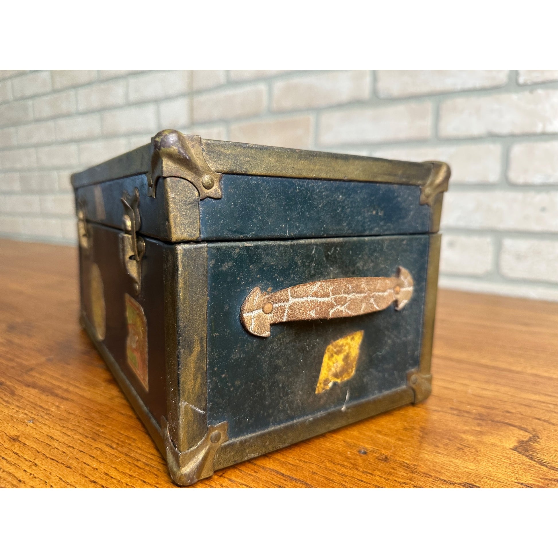 Vintage 1930's Blue Metal Childs Toy Doll Steamer Travel Trunk w/Stickers