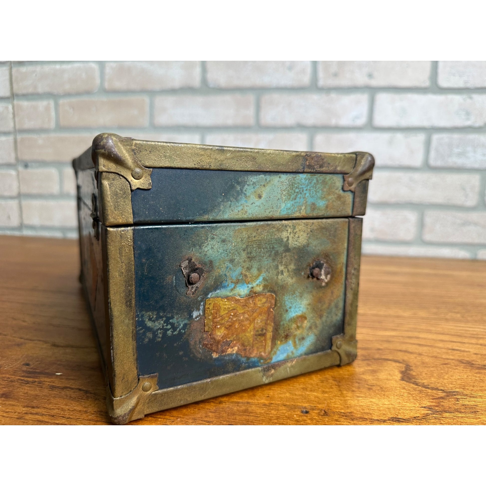 Vintage 1930's Blue Metal Childs Toy Doll Steamer Travel Trunk w/Stickers