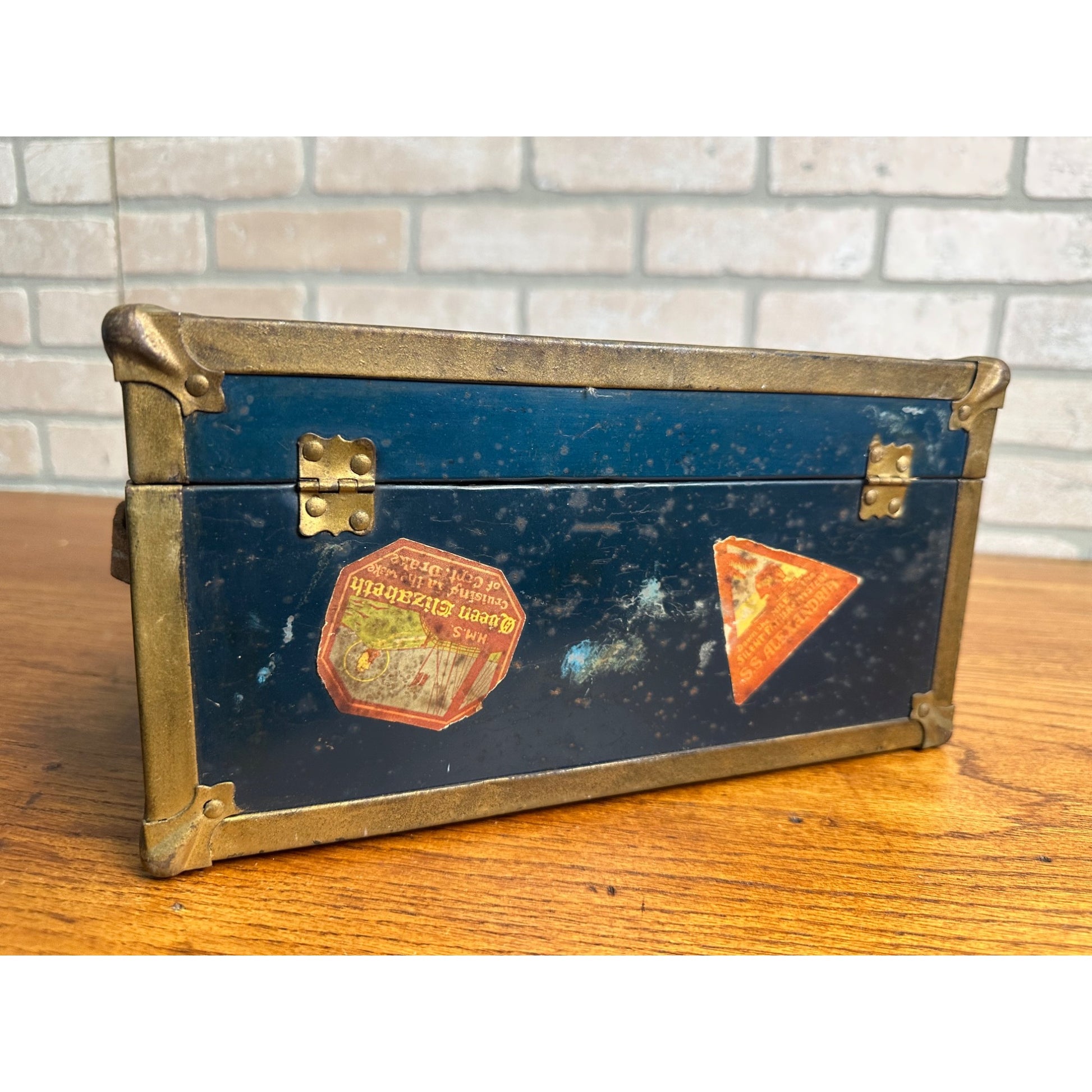 Vintage 1930's Blue Metal Childs Toy Doll Steamer Travel Trunk w/Stickers