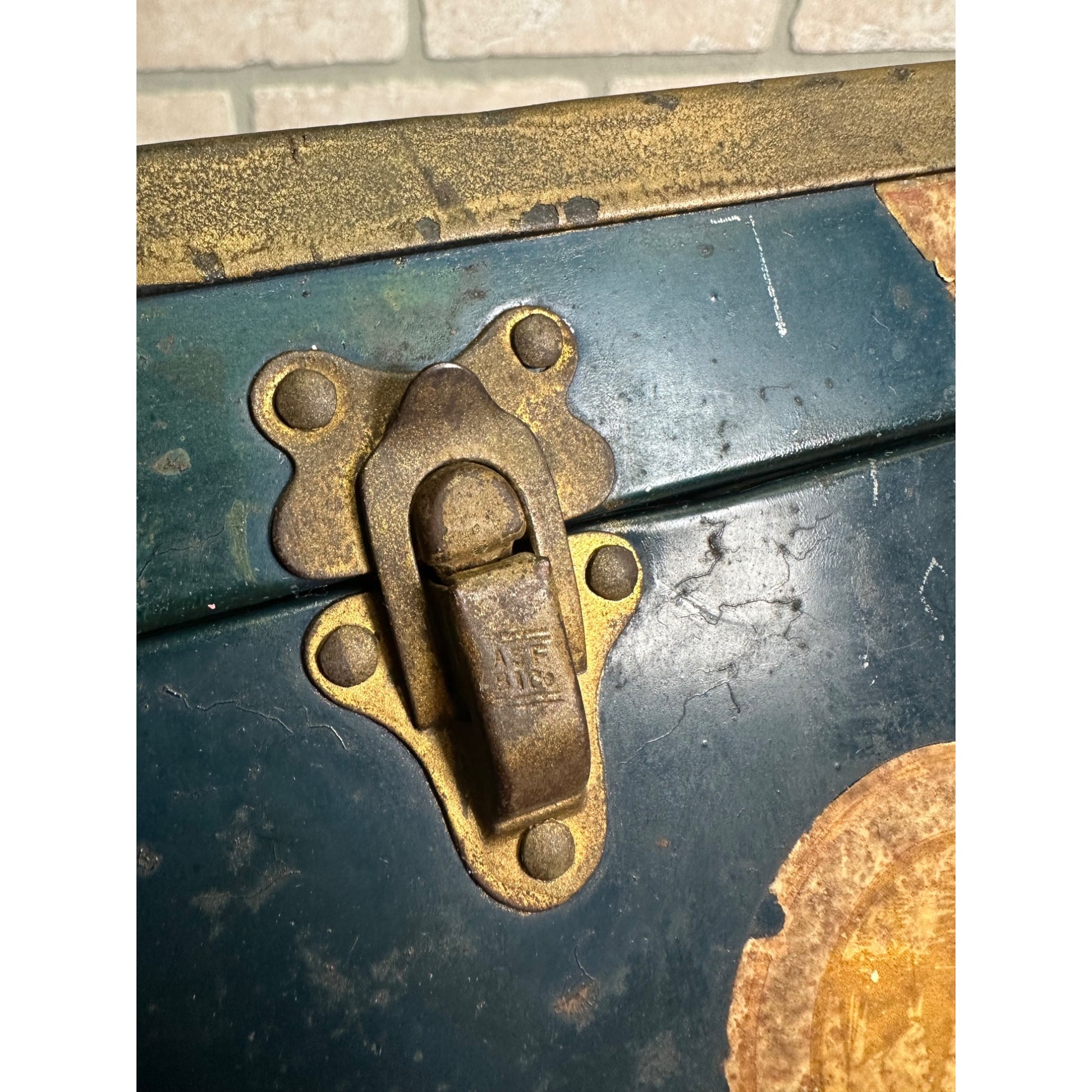 Vintage 1930's Blue Metal Childs Toy Doll Steamer Travel Trunk w/Stickers