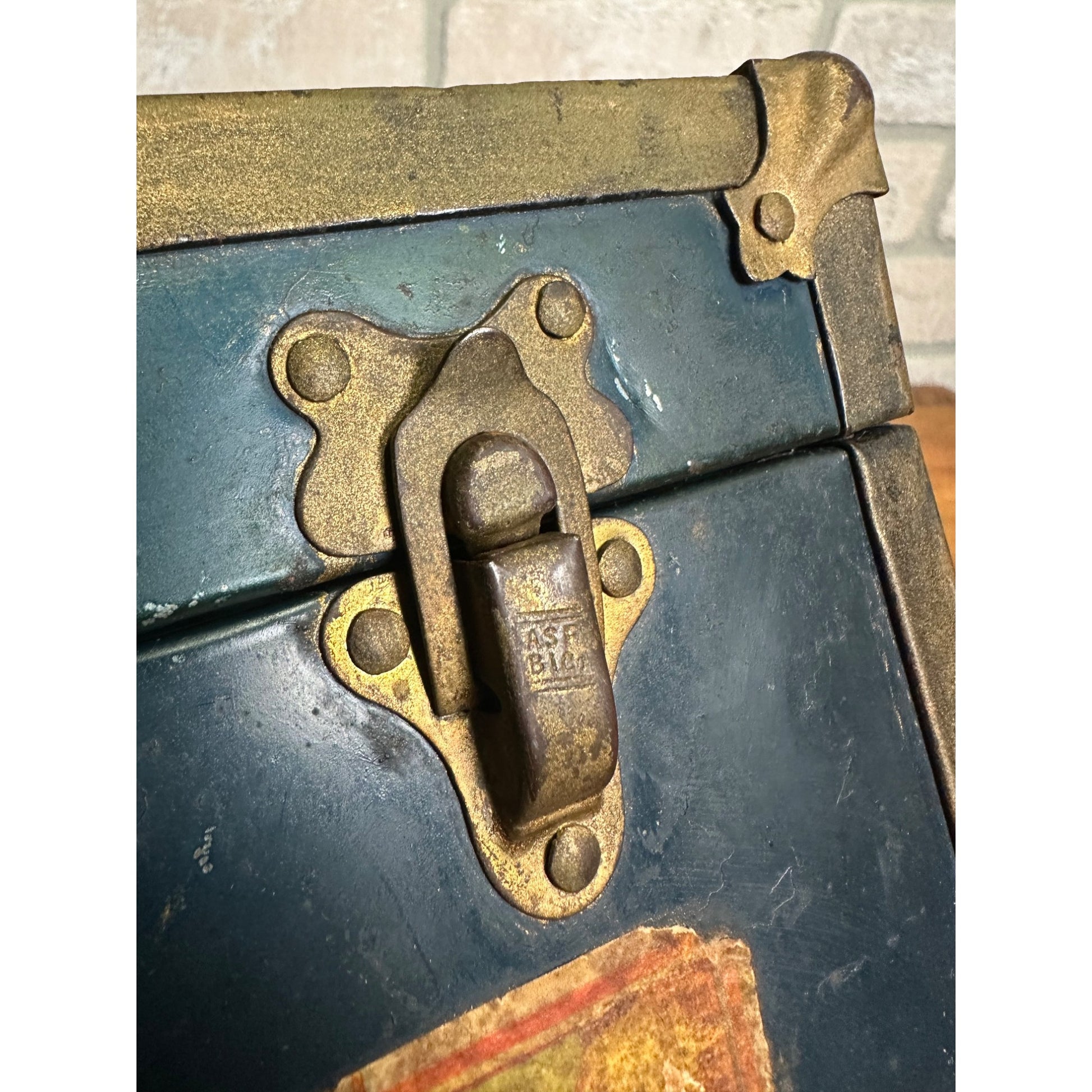 Vintage 1930's Blue Metal Childs Toy Doll Steamer Travel Trunk w/Stickers