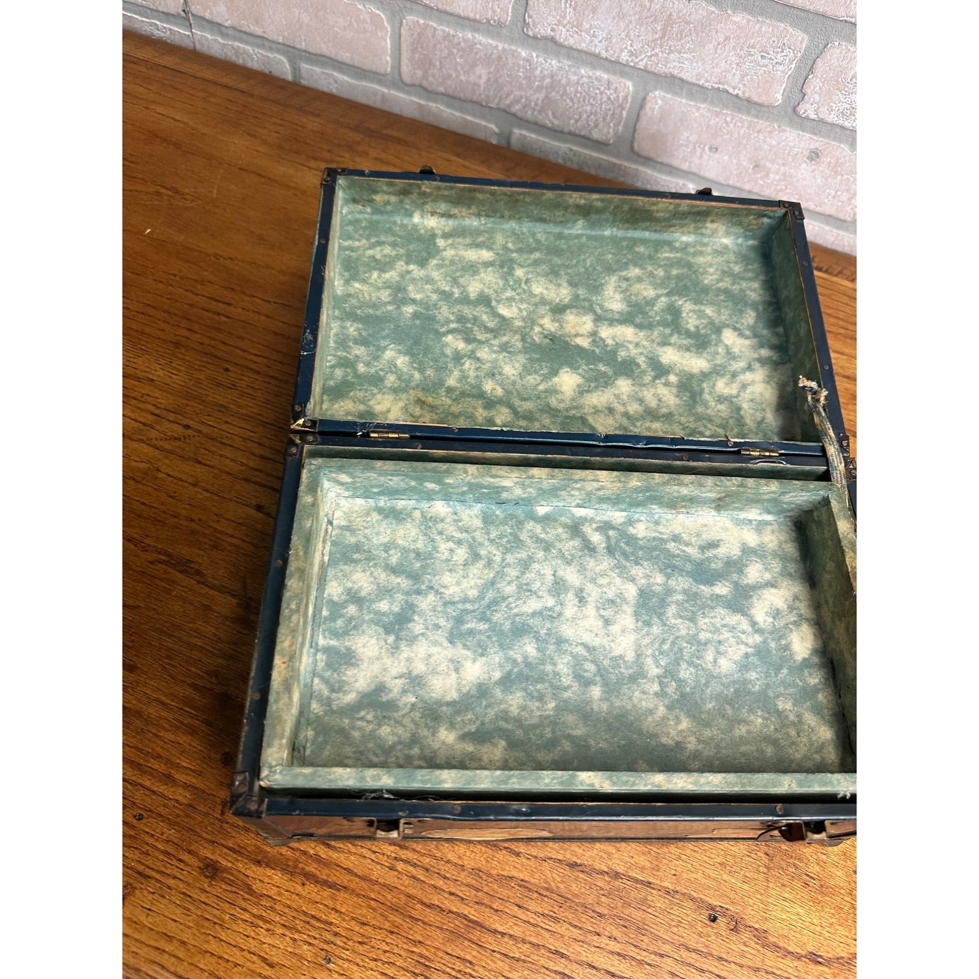 Vintage 1930's Blue Metal Childs Toy Doll Steamer Travel Trunk w/Stickers