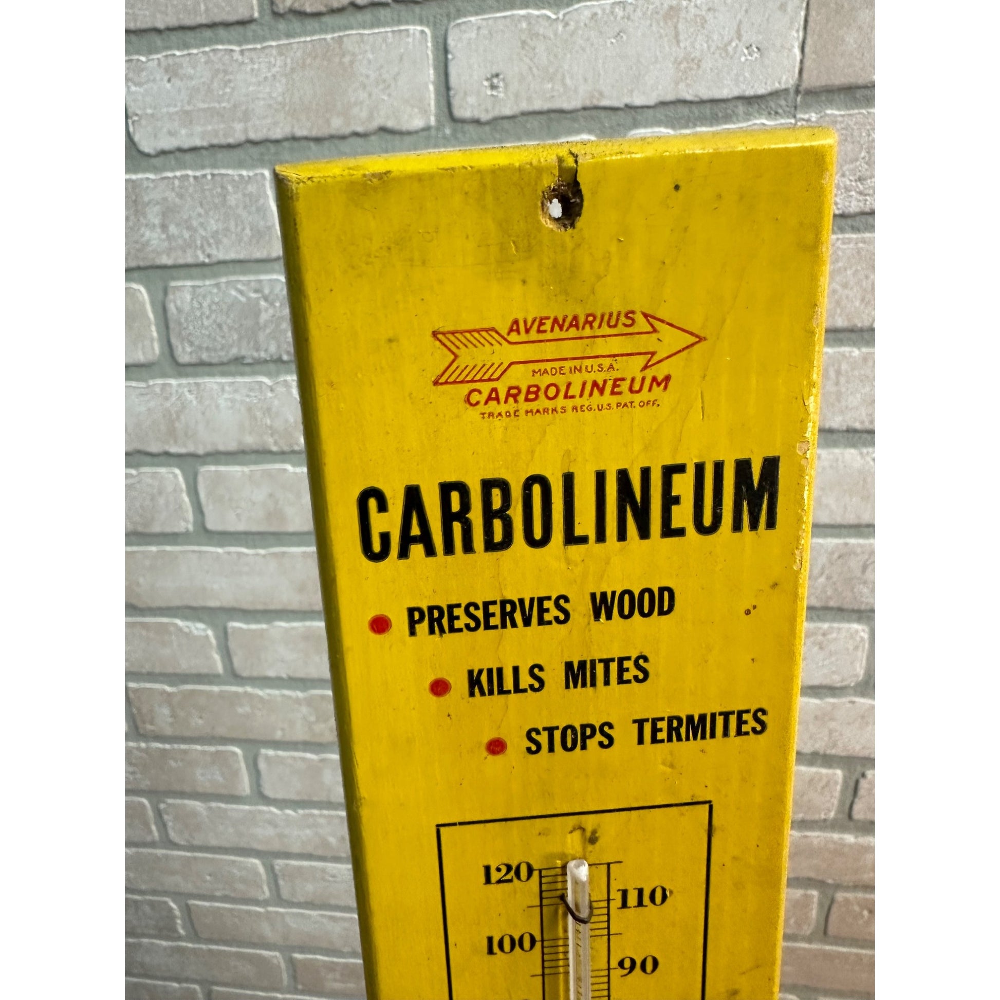 Vintage 1940s Carbolineum Mite Killer Wooden Advertising Thermometer Milwaukee