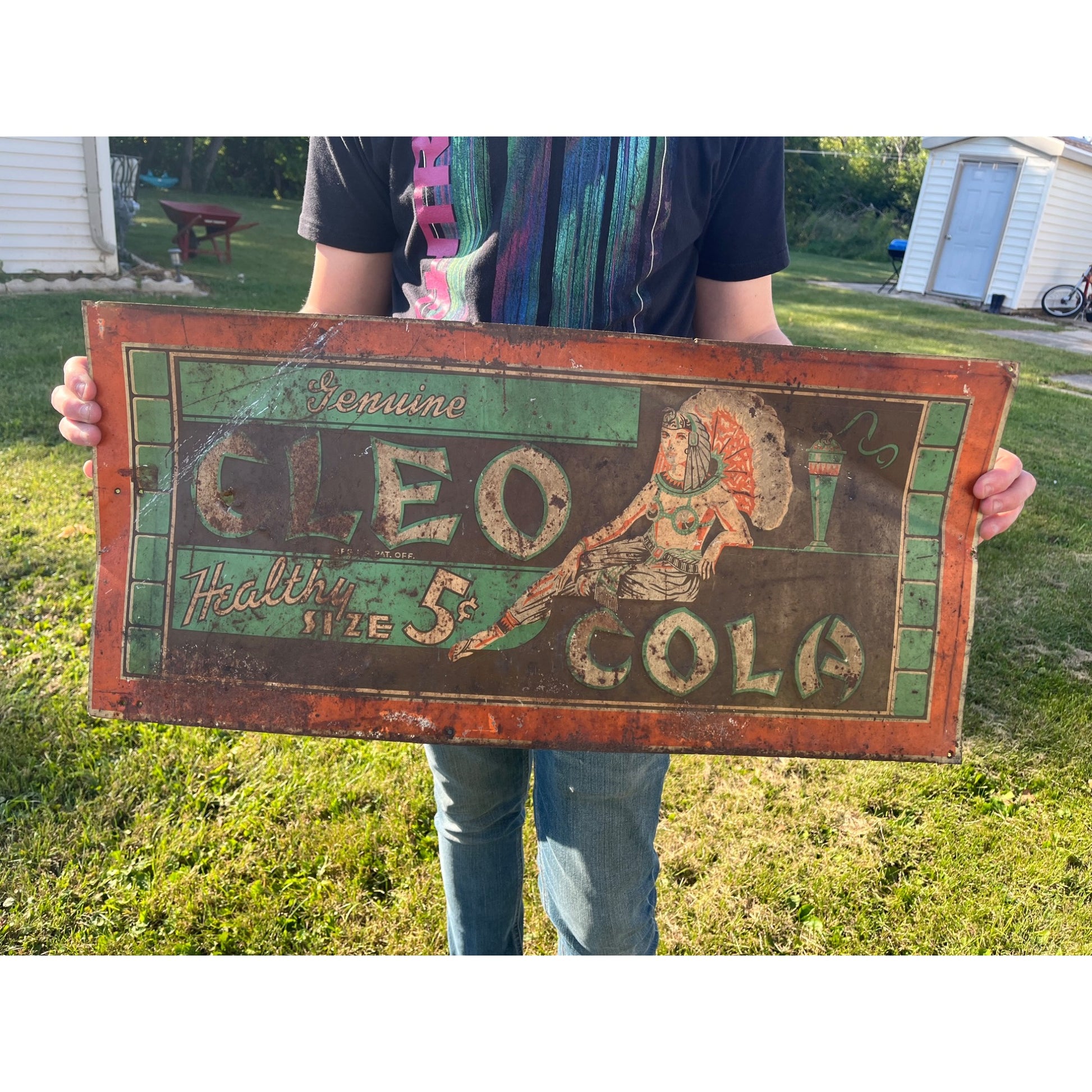 RARE Vintage 1930s Cleo Cola Egyptian Tin Metal Embossed Soda Advertising Sign