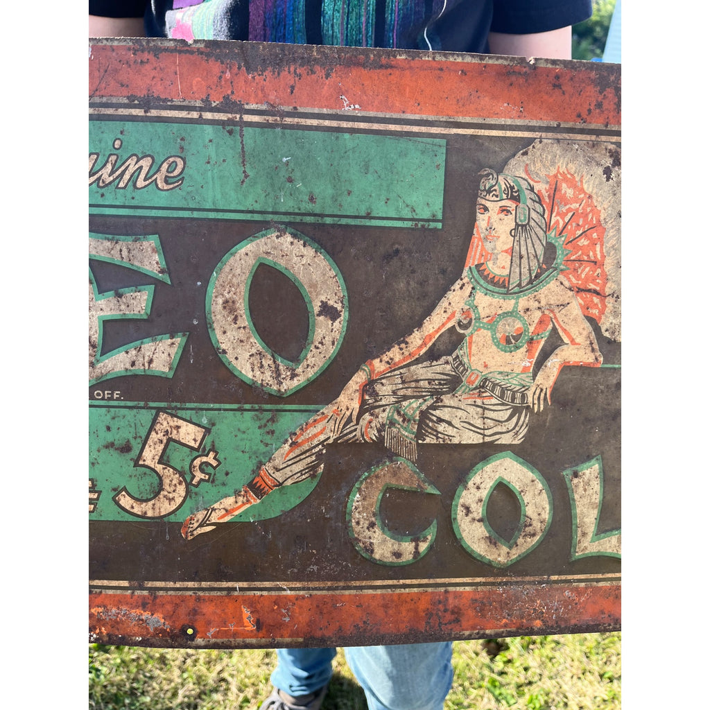 RARE Vintage 1930s Cleo Cola Egyptian Tin Metal Embossed Soda Advertising Sign