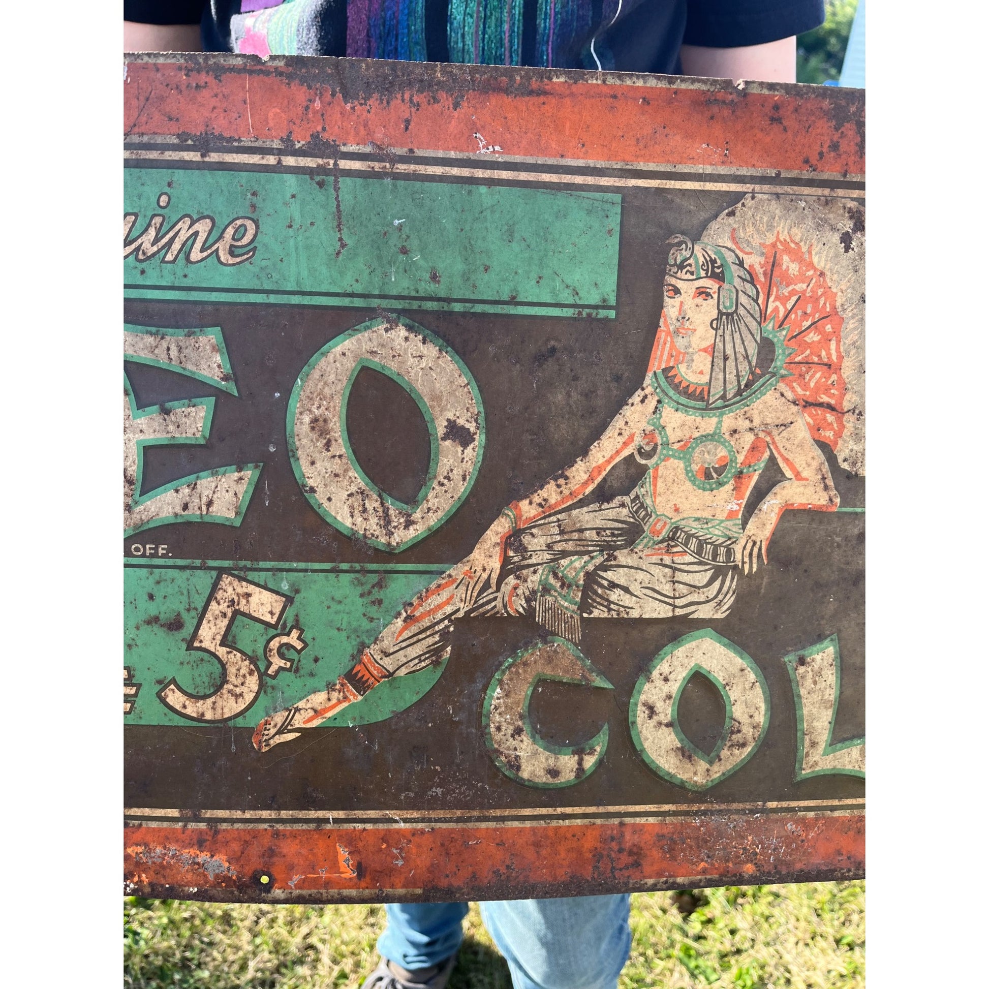 RARE Vintage 1930s Cleo Cola Egyptian Tin Metal Embossed Soda Advertising Sign