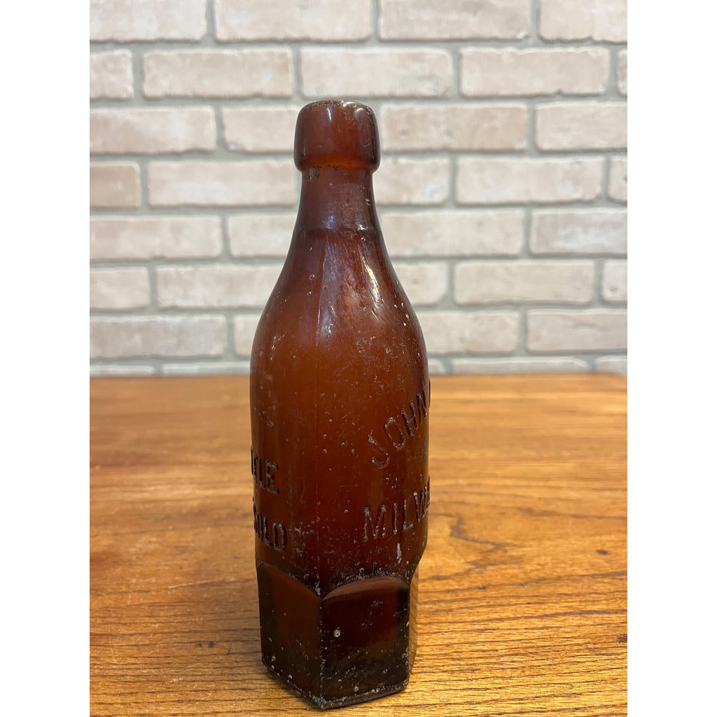 John Graf c1880s Milwaukee Wis Amber Brown Soda Bottle Blob Top Octagon Base