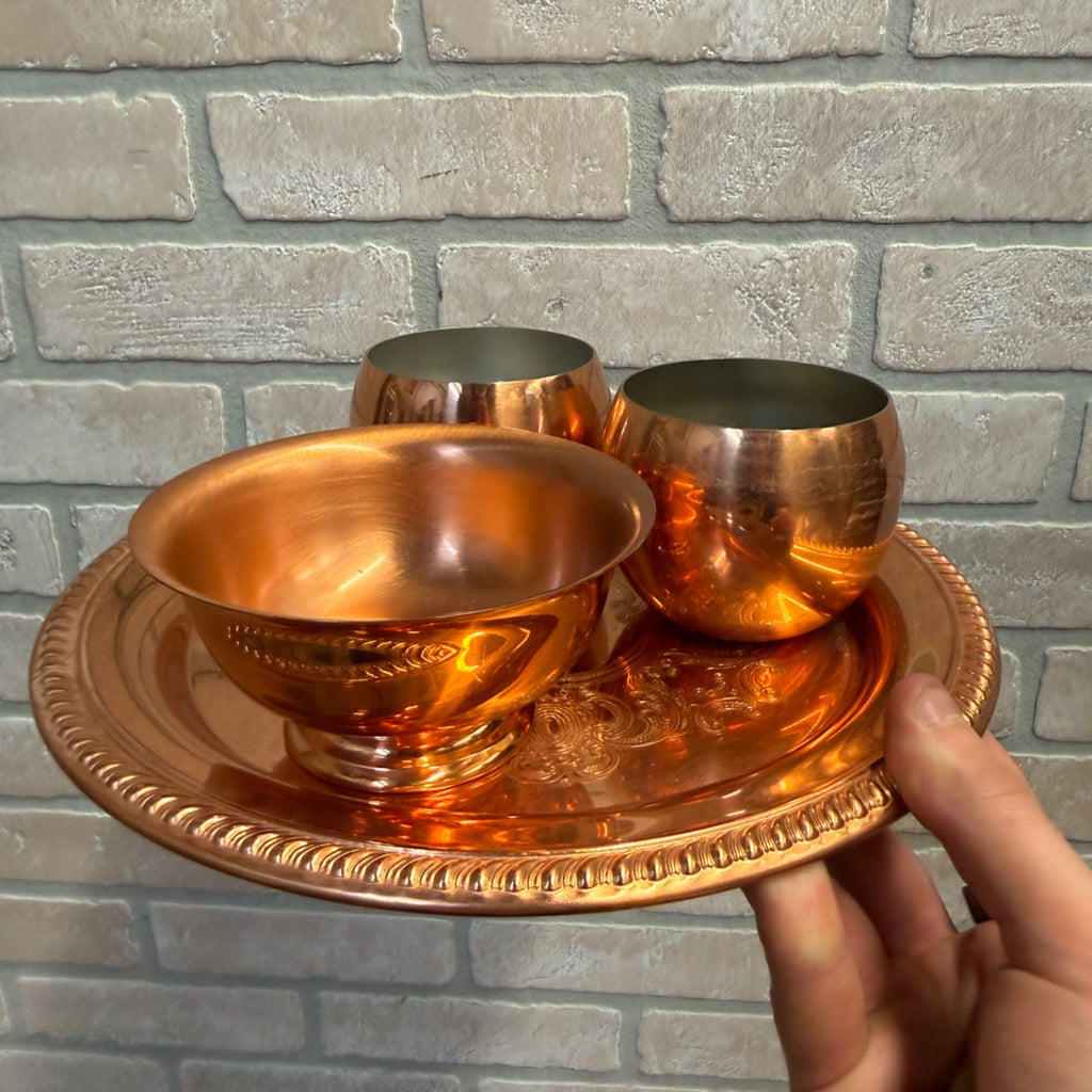 Vintage Coppercraft Guild Copper Round Charger/Serving Plate, Footed Dish and Two Drinking Cups Taunton, Massachusetts
