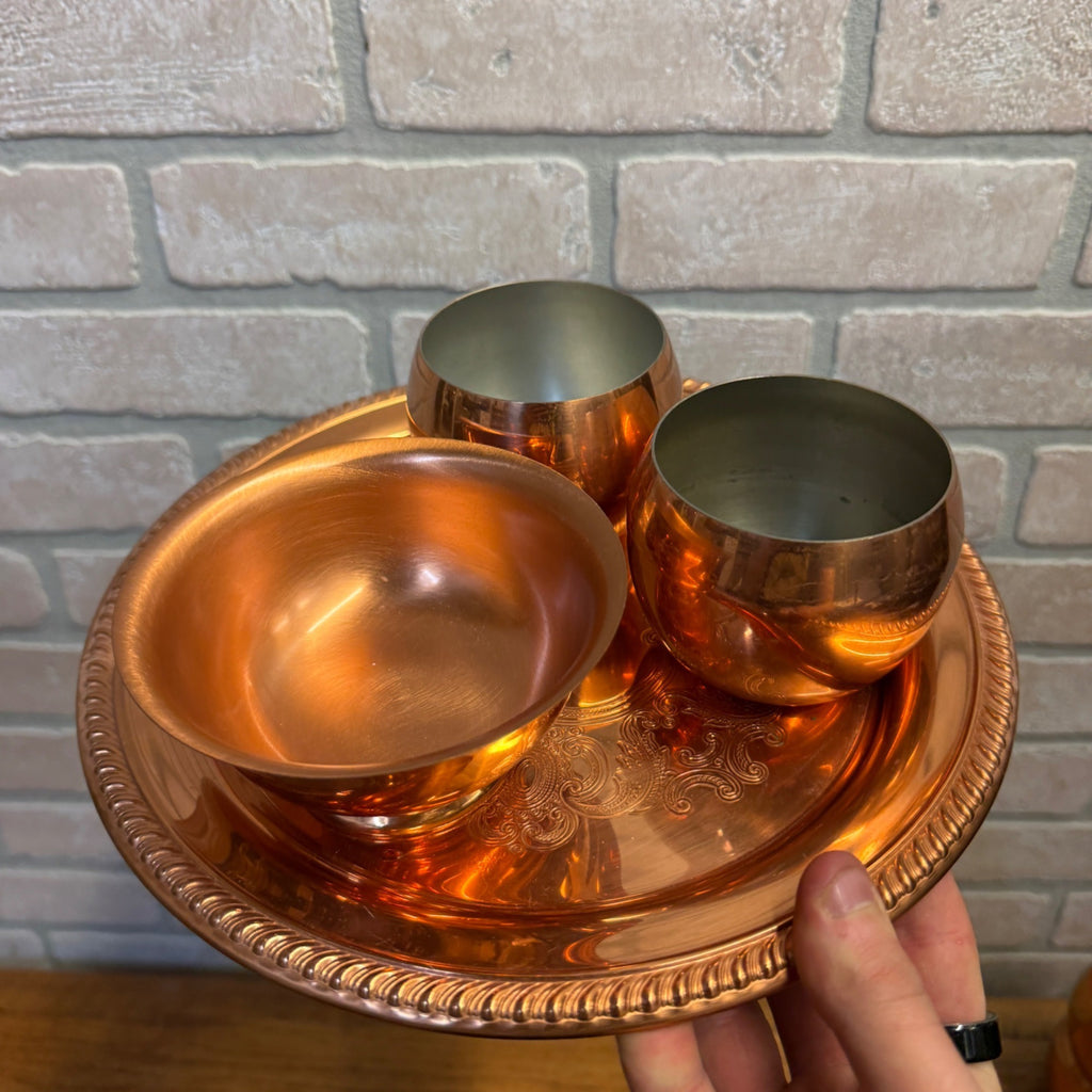 Vintage Coppercraft Guild Copper Round Charger/Serving Plate, Footed Dish and Two Drinking Cups Taunton, Massachusetts
