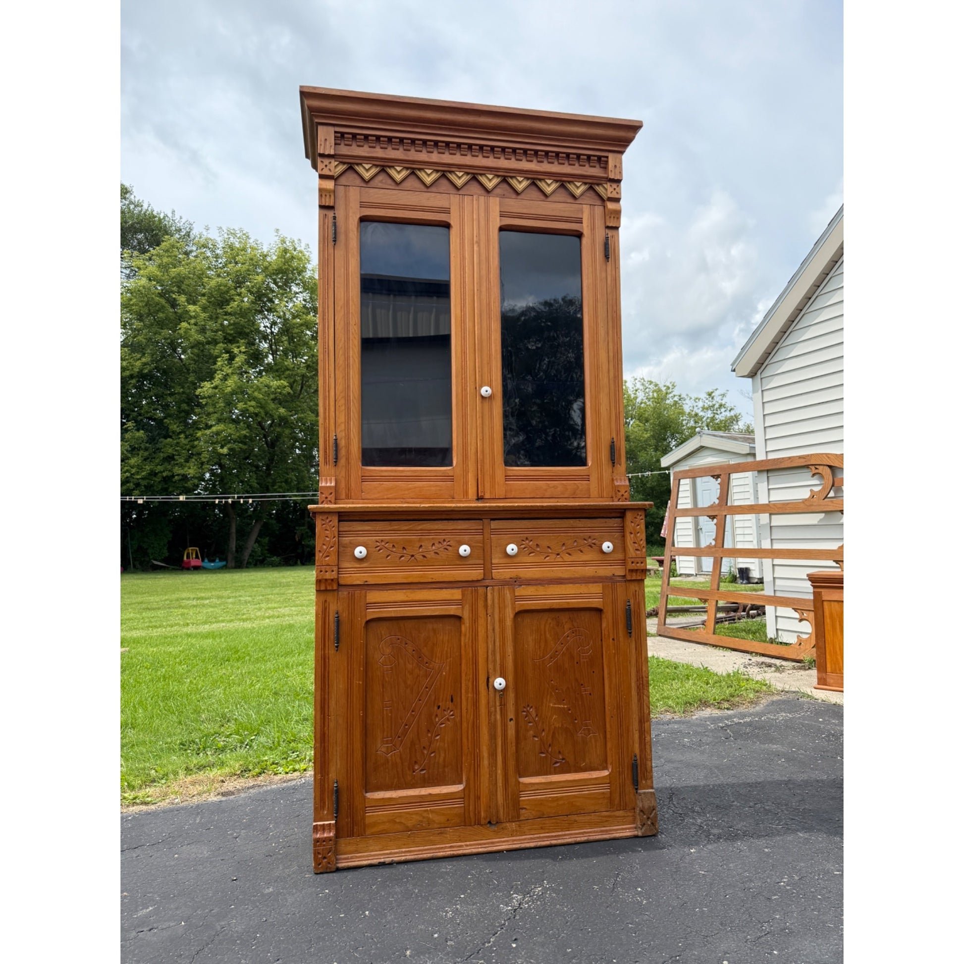 Antique Victorian Eastlake China Hutch Stepback Kitchen Cabinet