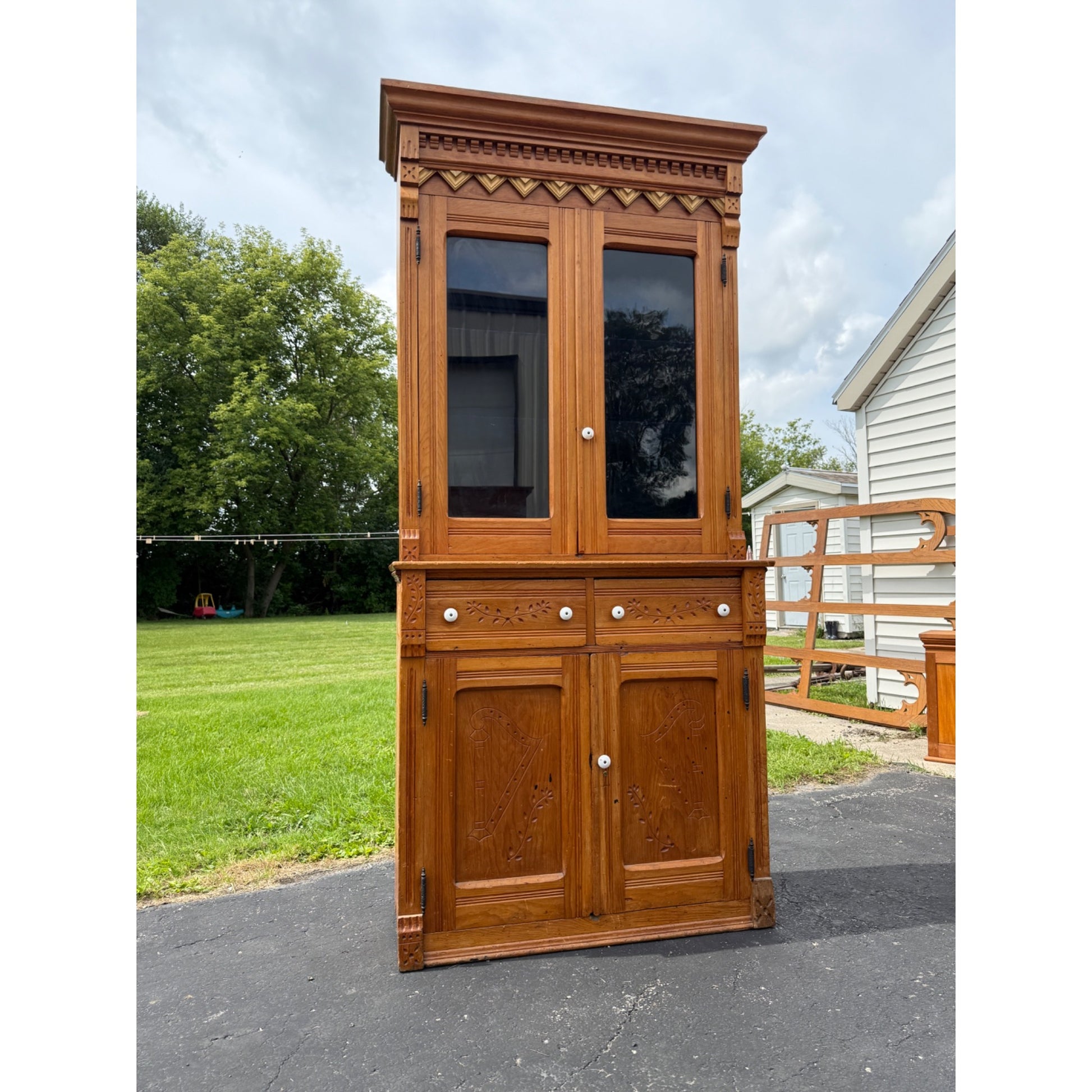 Antique Victorian Eastlake China Hutch Stepback Kitchen Cabinet