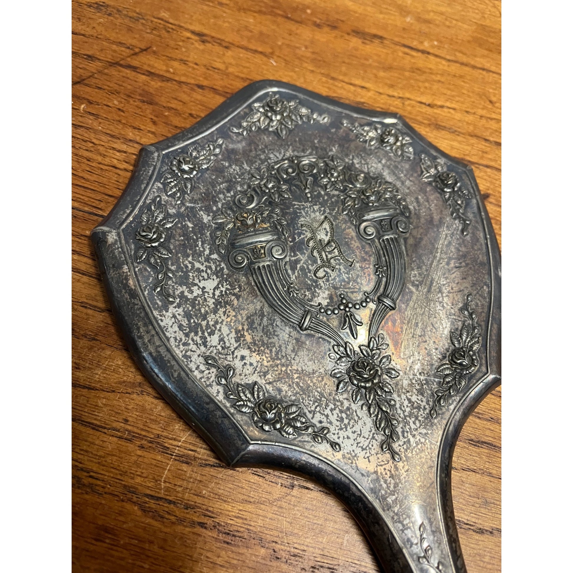 Antique Art Nouveau Repousse Hand Mirror Empire Art WSP Wilcox Silver Plate Co