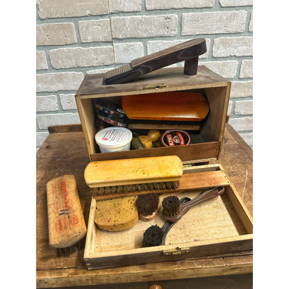 Vintage Wooden Esquire Shoe Valet De Luxe Shoe Shine Box Kit + Contents