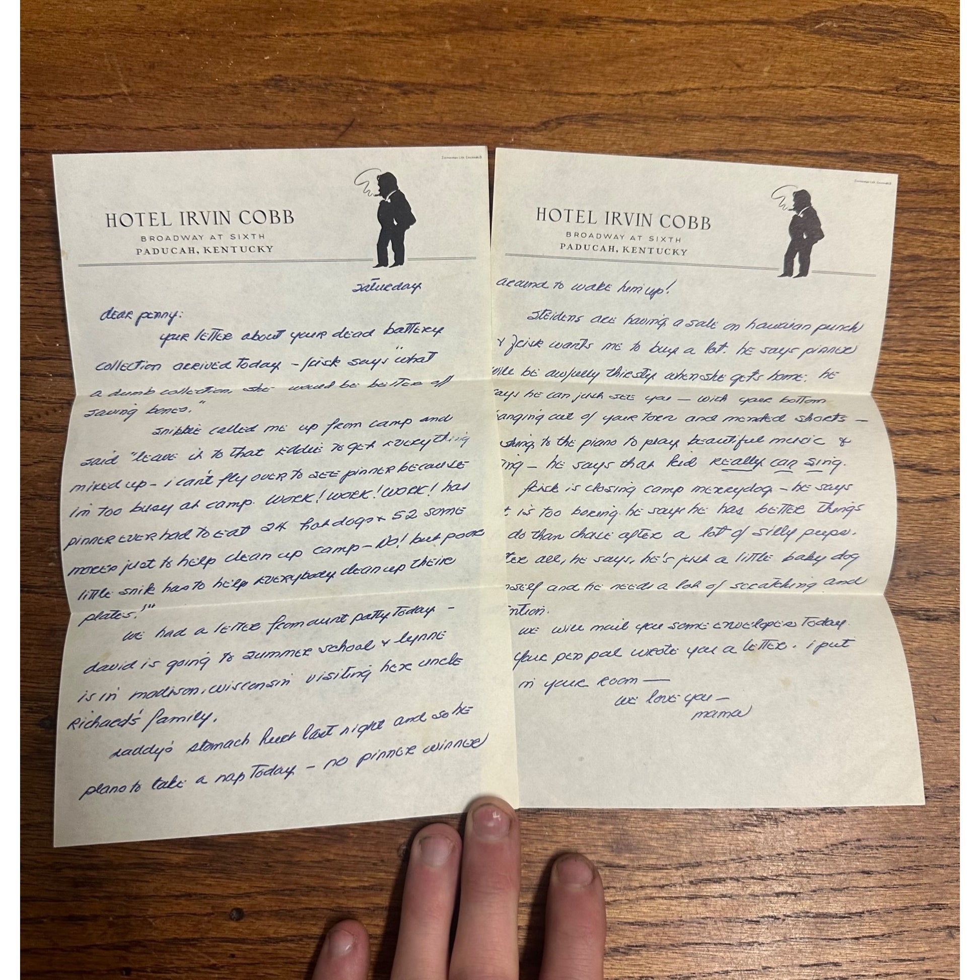 Vintage Hotel Irvin Cobb 2-Page Letter Handwritten Paducah Kentucky Letterhead Stationery