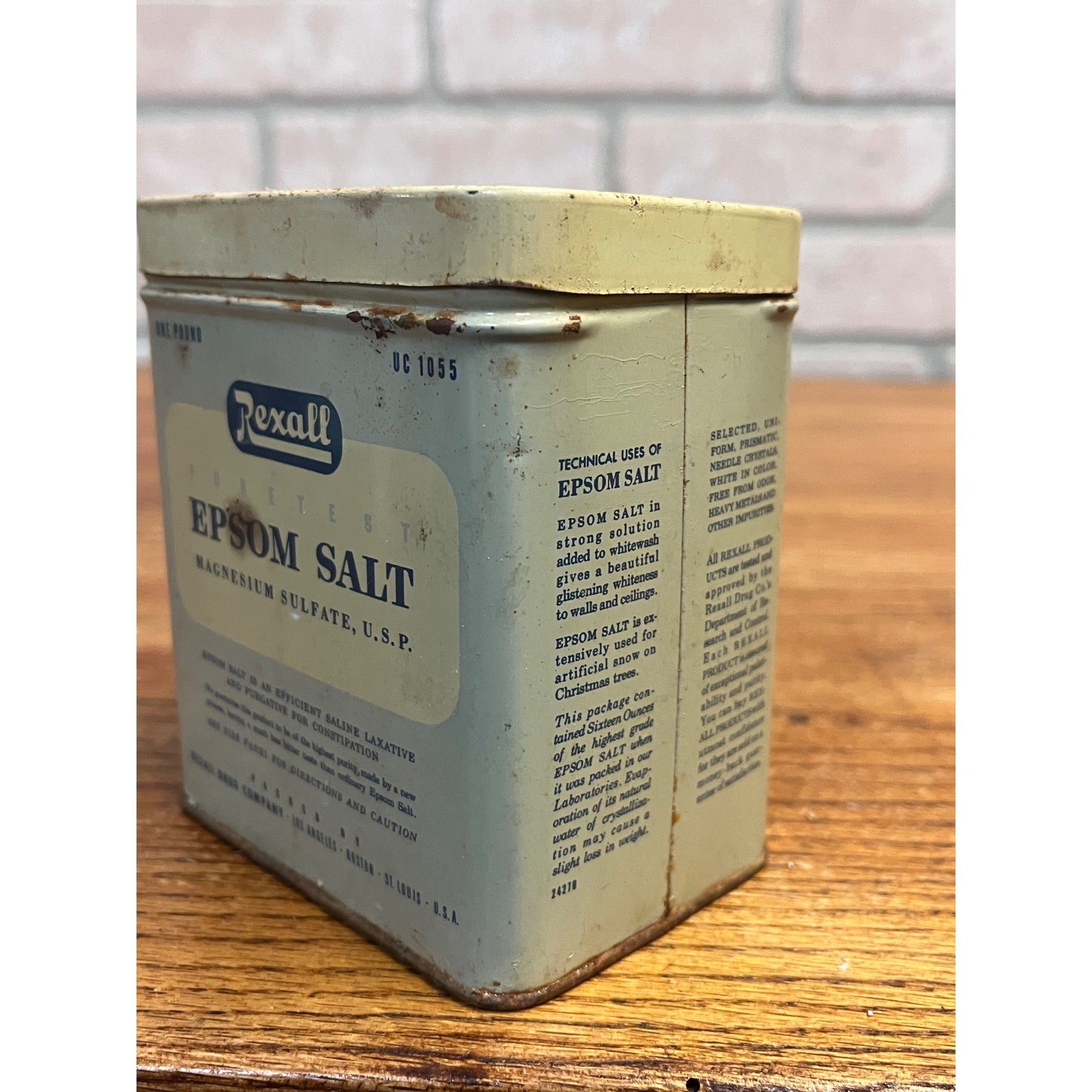 Vintage Rexall Epsom Salt 1 lb Tin Can Pharmacy Decor