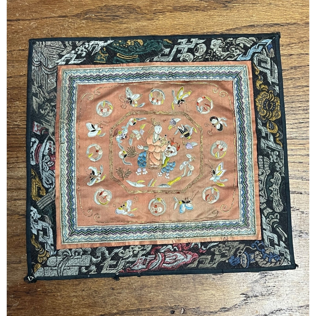Antique Chinese Embroidered Silk Textile Qilin Butterfly Panel Qing Republic