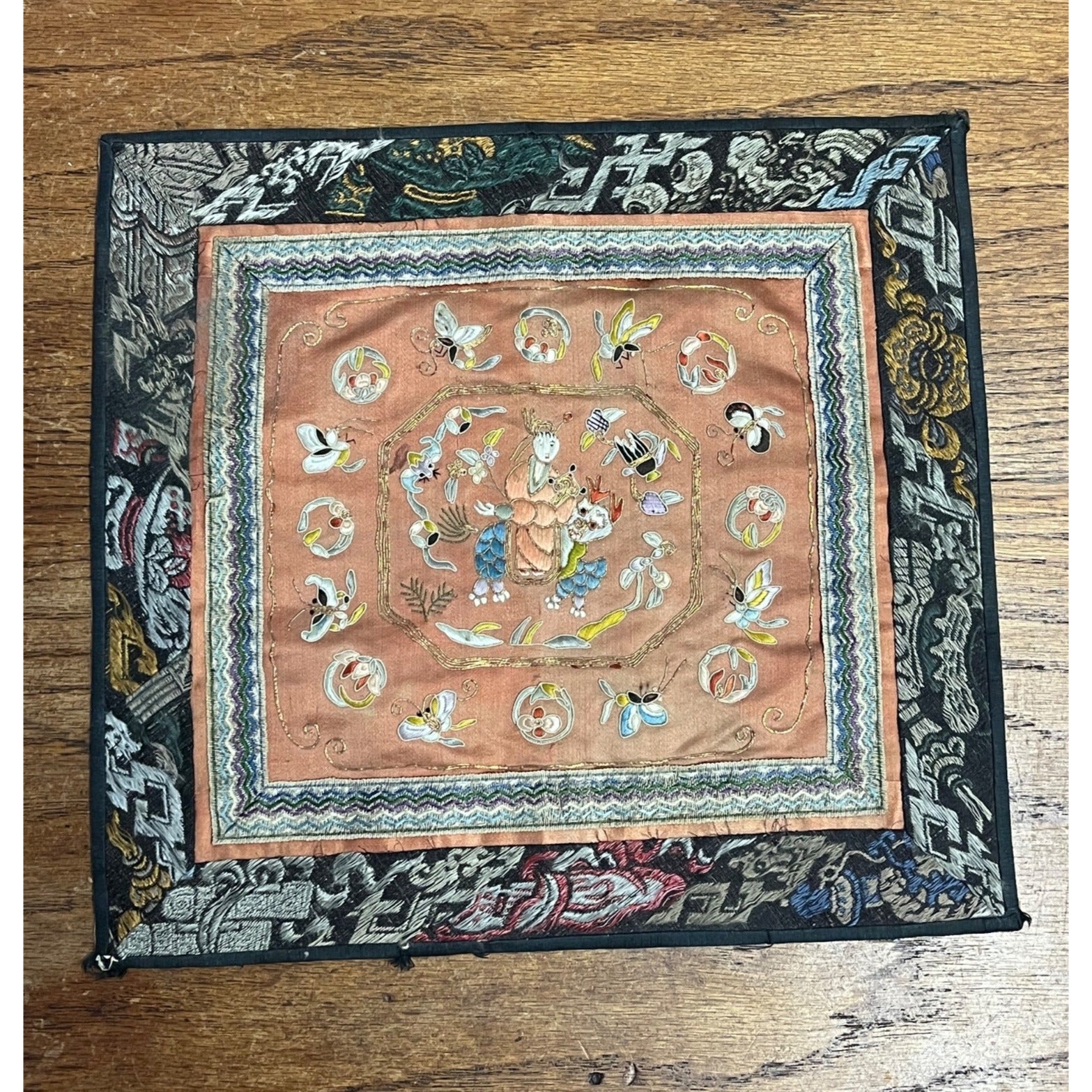 Antique Chinese Embroidered Silk Textile Qilin Butterfly Panel Qing Republic