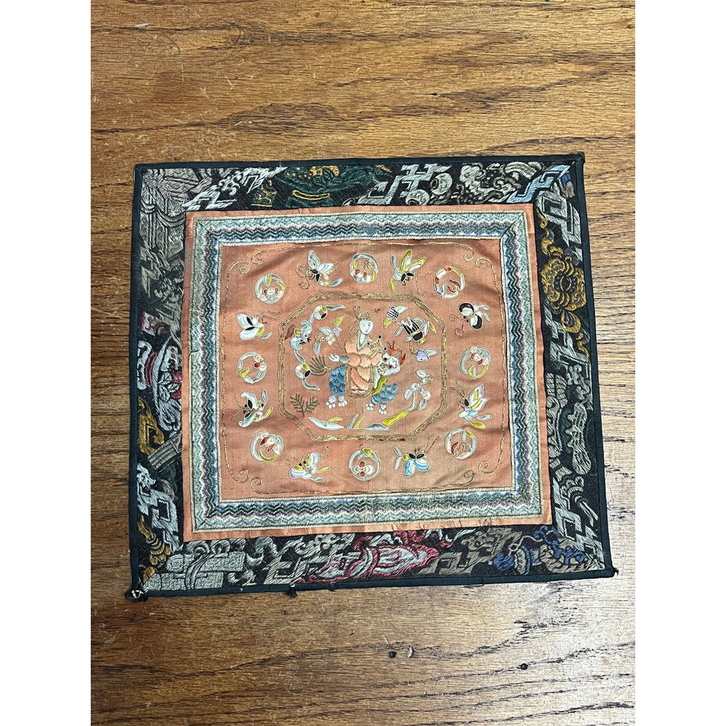 Antique Chinese Embroidered Silk Textile Qilin Butterfly Panel Qing Republic