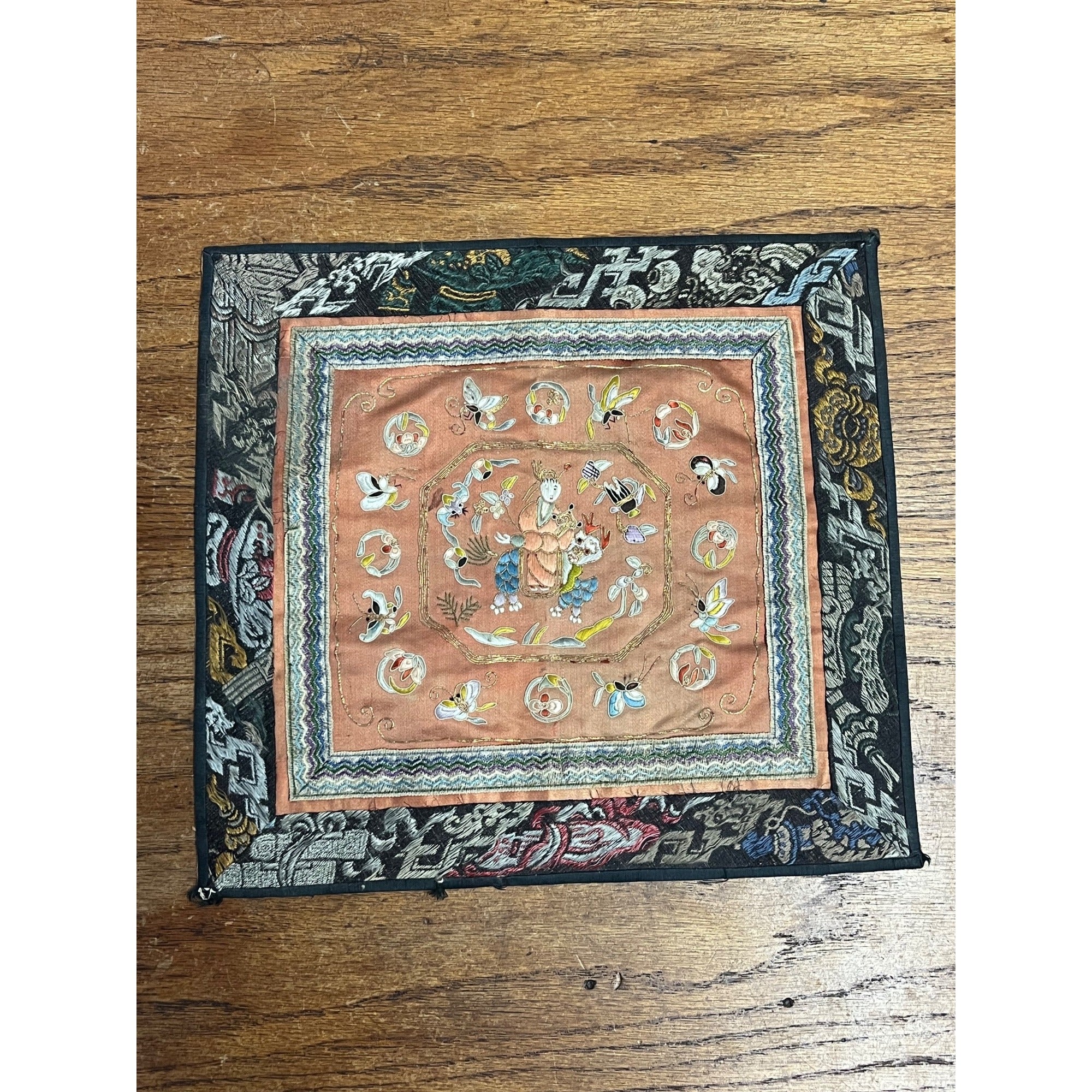 Antique Chinese Embroidered Silk Textile Qilin Butterfly Panel Qing Republic