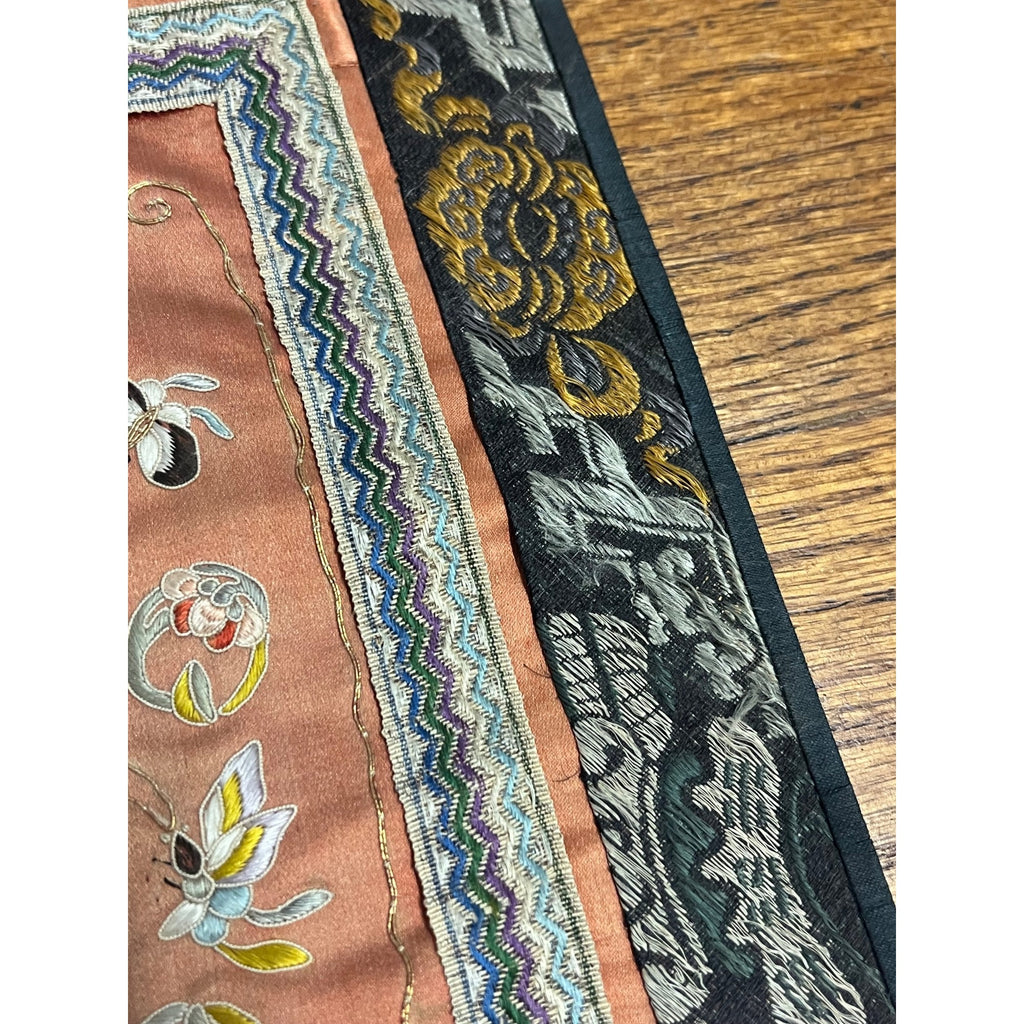 Antique Chinese Embroidered Silk Textile Qilin Butterfly Panel Qing Republic