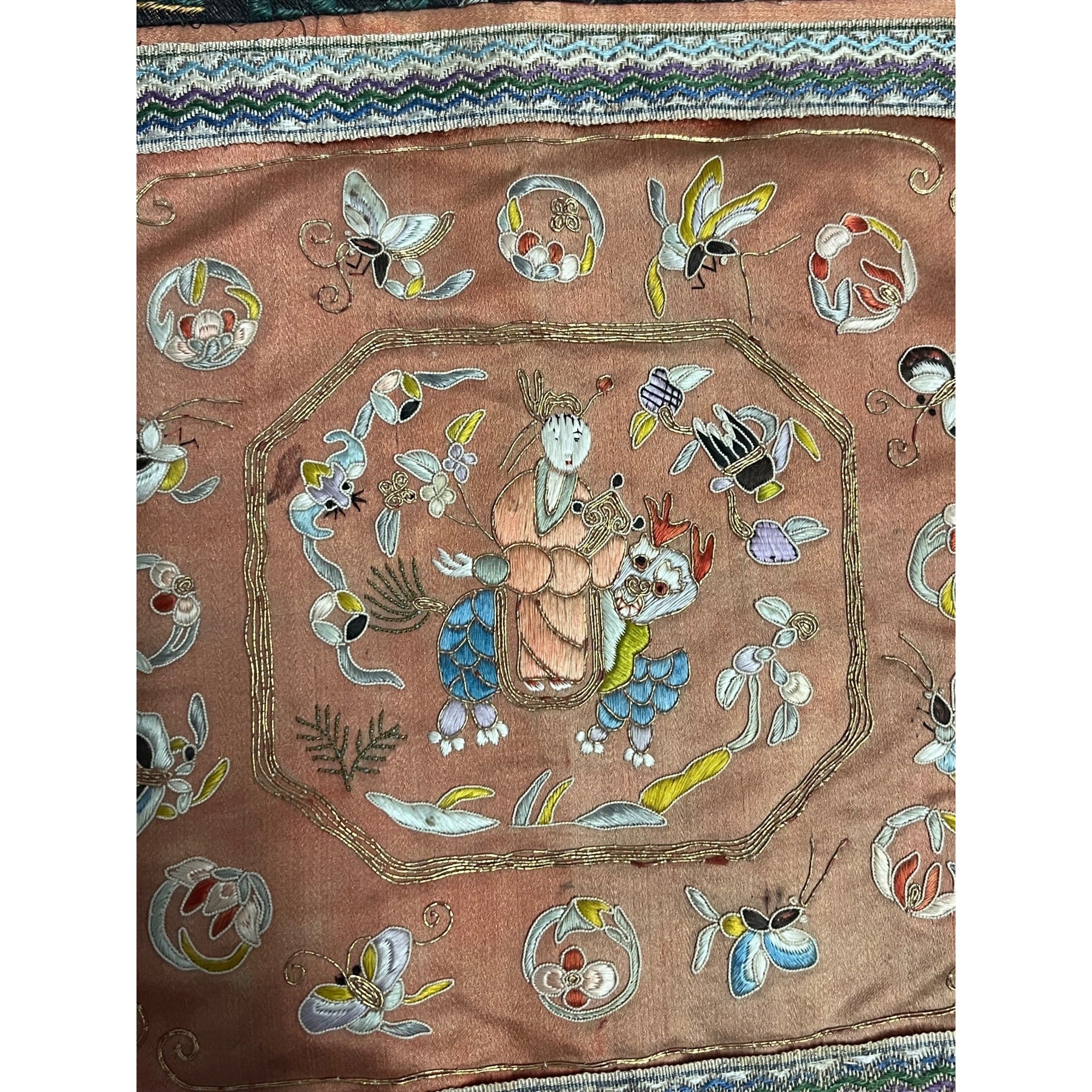 Antique Chinese Embroidered Silk Textile Qilin Butterfly Panel Qing Republic